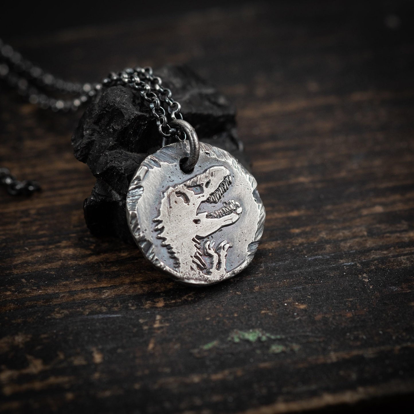 Dinosaur T-rex Silver mens pendant necklace, Rustix Handmade oxidized jewelry, Sterling silver mens gift