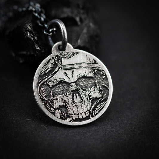 Skull Silver Necklace for men,Memento mori Boyfriend gift, Engraved Personalized handmade oxidized jewelry, mens necklace, Christmas gifts