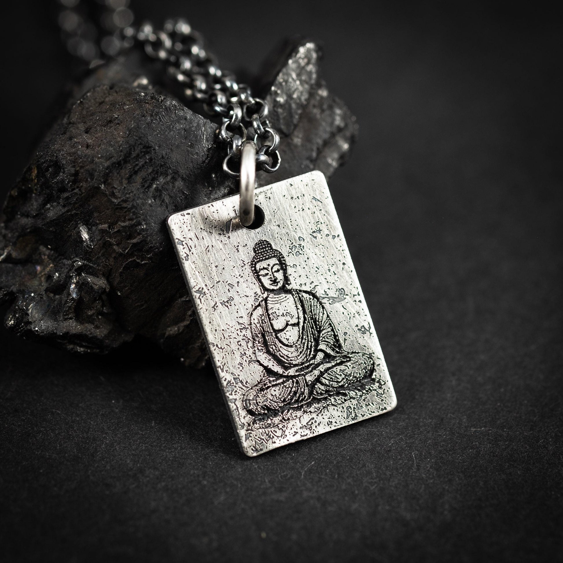 Silver Buddha calming anxiety relief pendant necklace, Unique Oxidized rustic personalized handmade jewelry