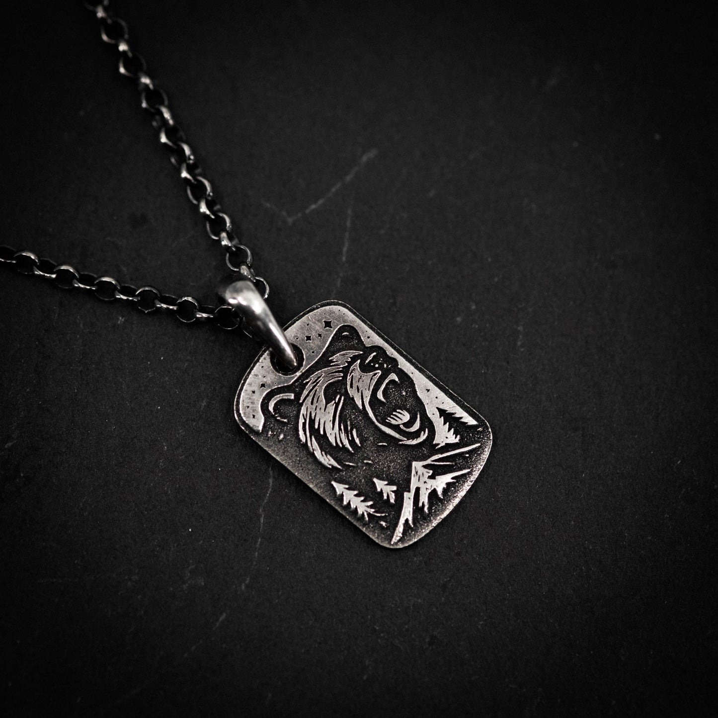 Mens Silver Bear Necklace – Engraved Wildlife Pendant, Nature Gift for Him