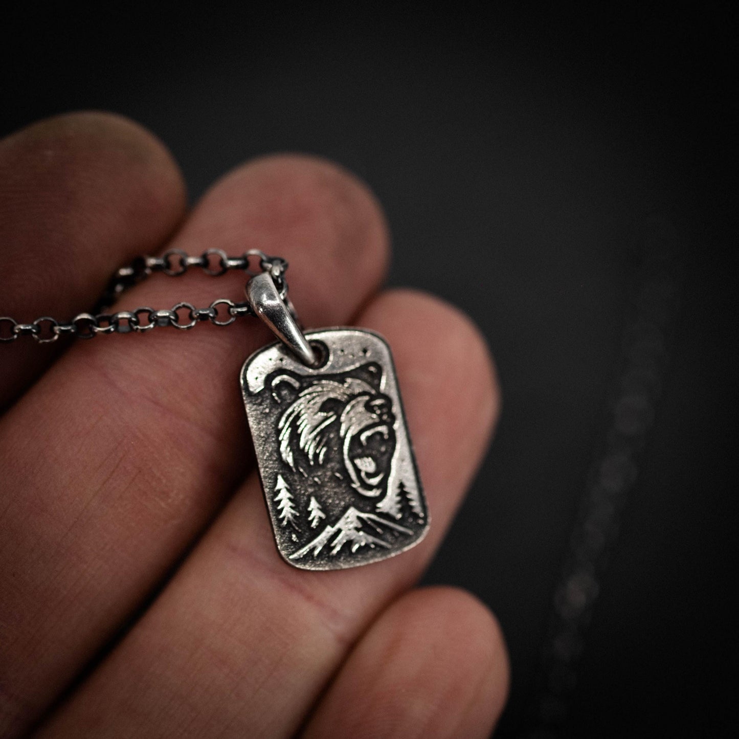 Mens Silver Bear Necklace – Engraved Wildlife Pendant, Nature Gift for Him