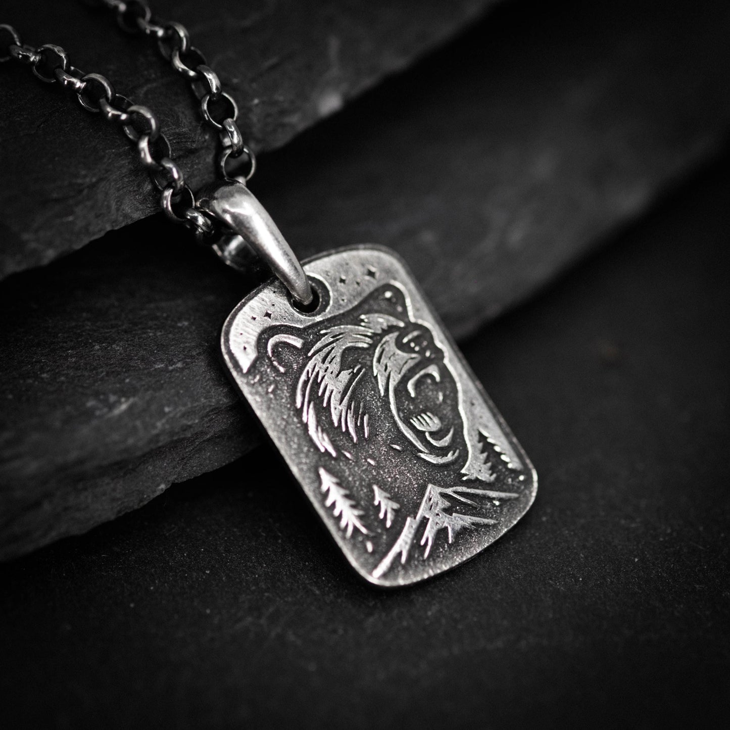 Mens Silver Bear Necklace – Engraved Wildlife Pendant, Nature Gift for Him