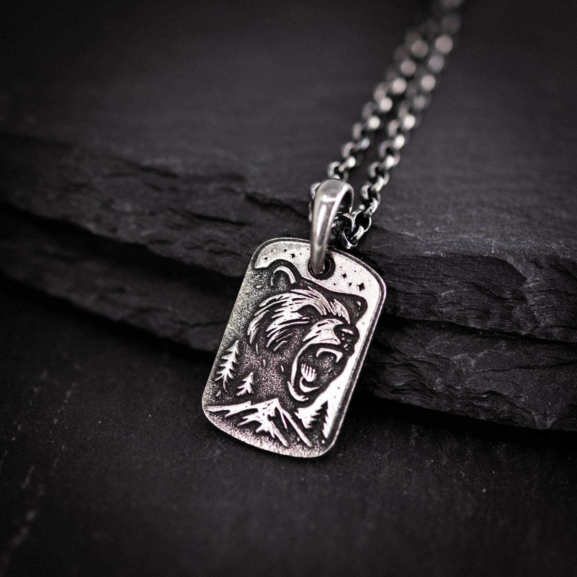 Mens Silver Bear Necklace – Engraved Wildlife Pendant, Nature Gift for Him