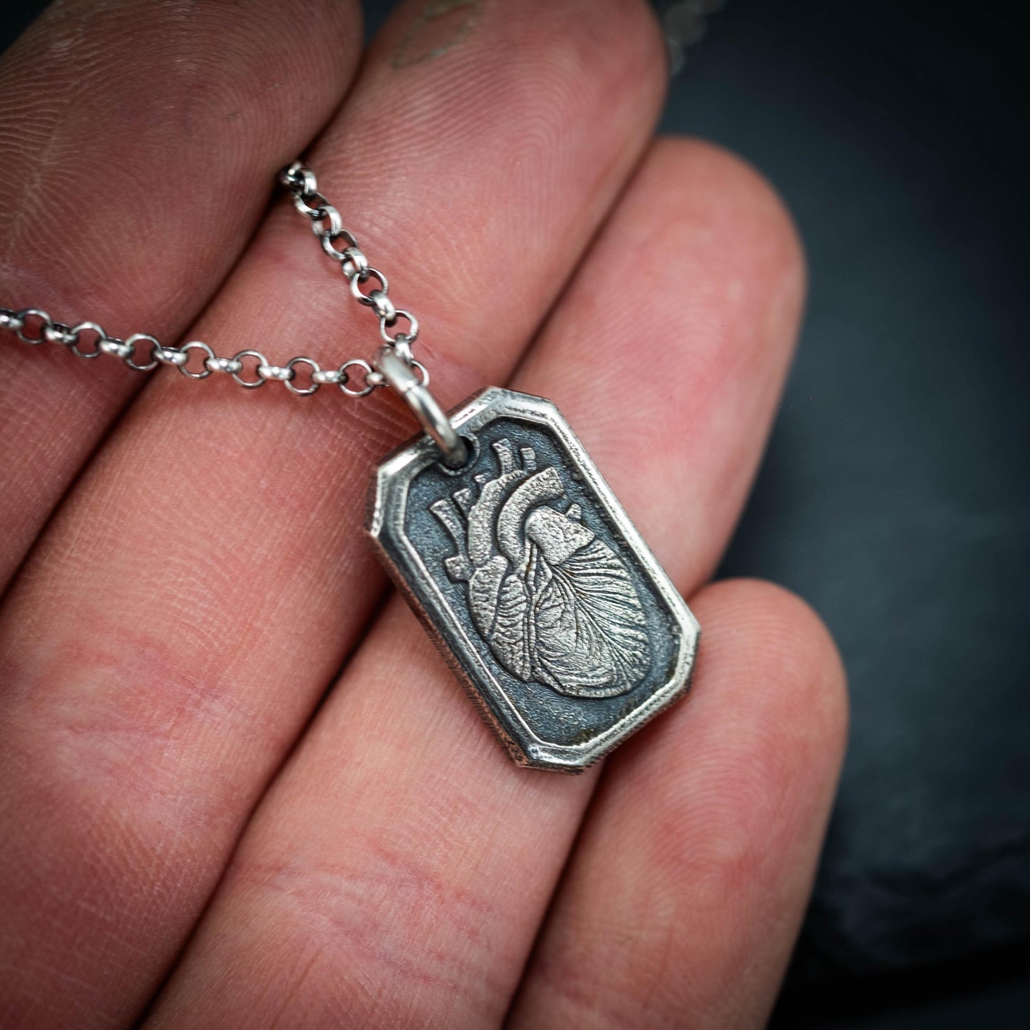 Human heart Silver Pendant necklace, Anatomical Necklace for Men, Oxidized Anatomy Jewelry, personalized engraved gift for men