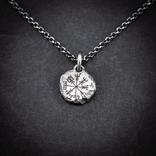 Nordic Mens Viking Compass Silver Vegvisir necklace, Personalized engraved Silver Norse jewelry, Viking compass, norse mythology