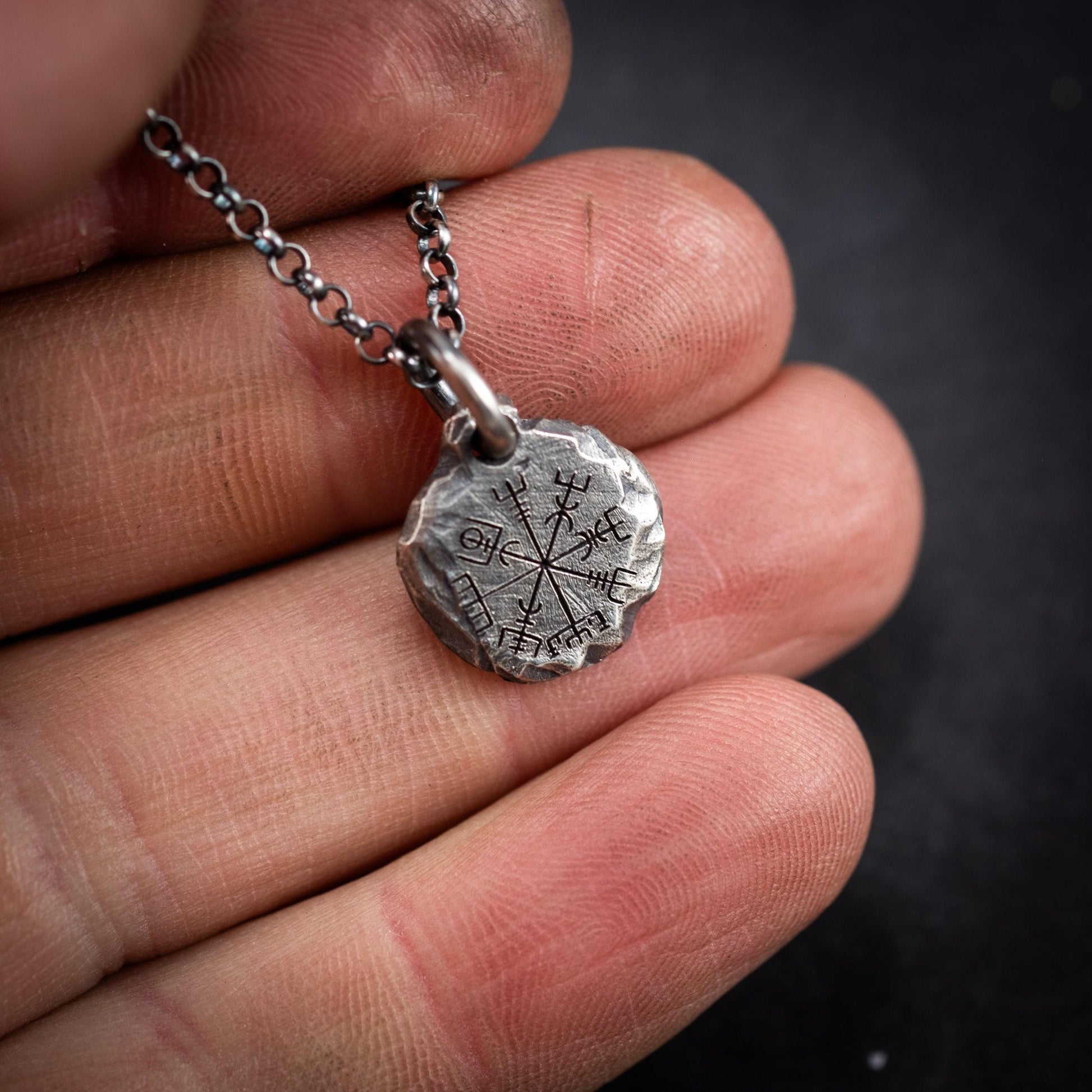 Nordic Mens Viking Compass Silver Vegvisir necklace, Personalized engraved Silver Norse jewelry, Viking compass, norse mythology