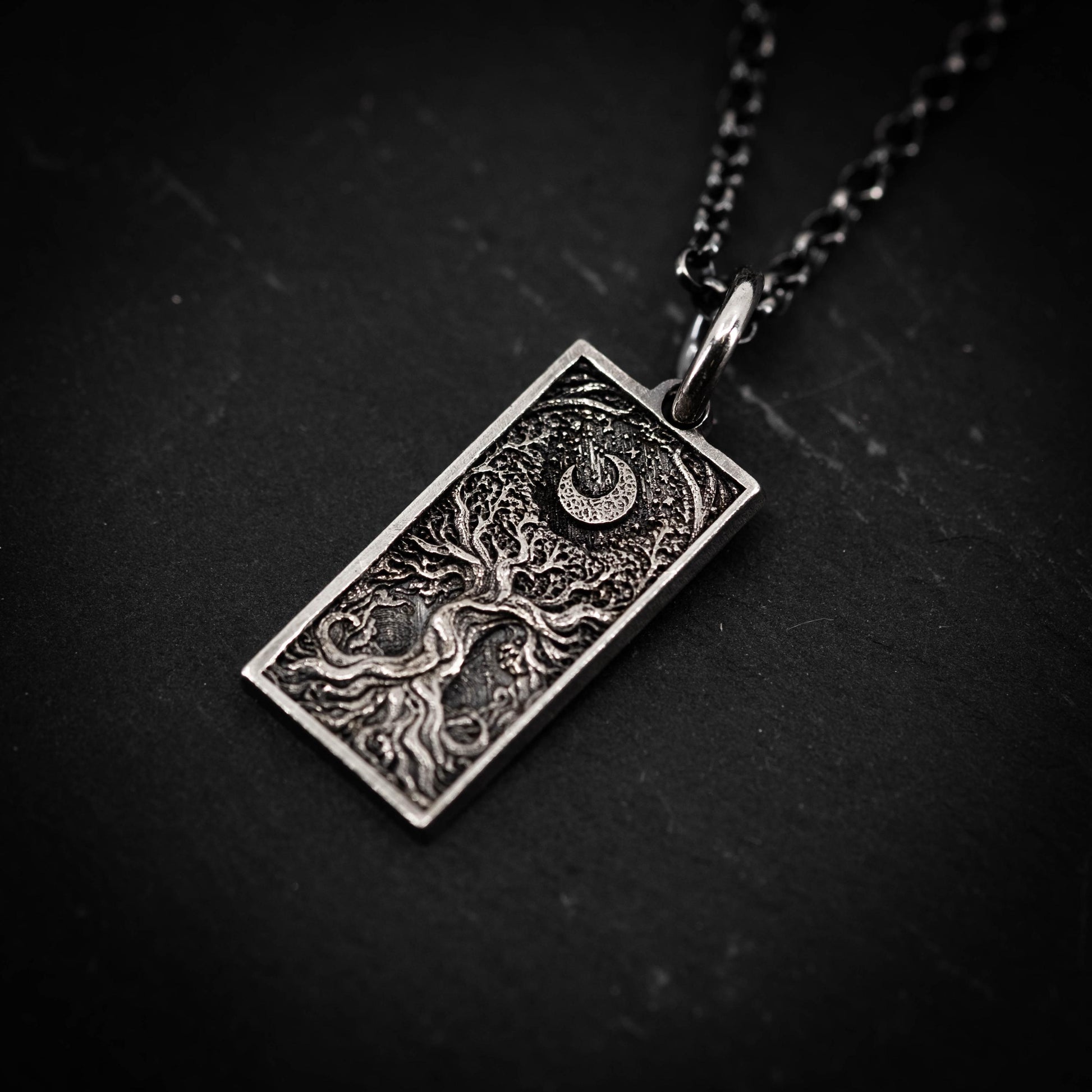 Silver Tree of Life and Moon pendant necklace, Unique mens jewelry, Personalized rustic necklace, men gift