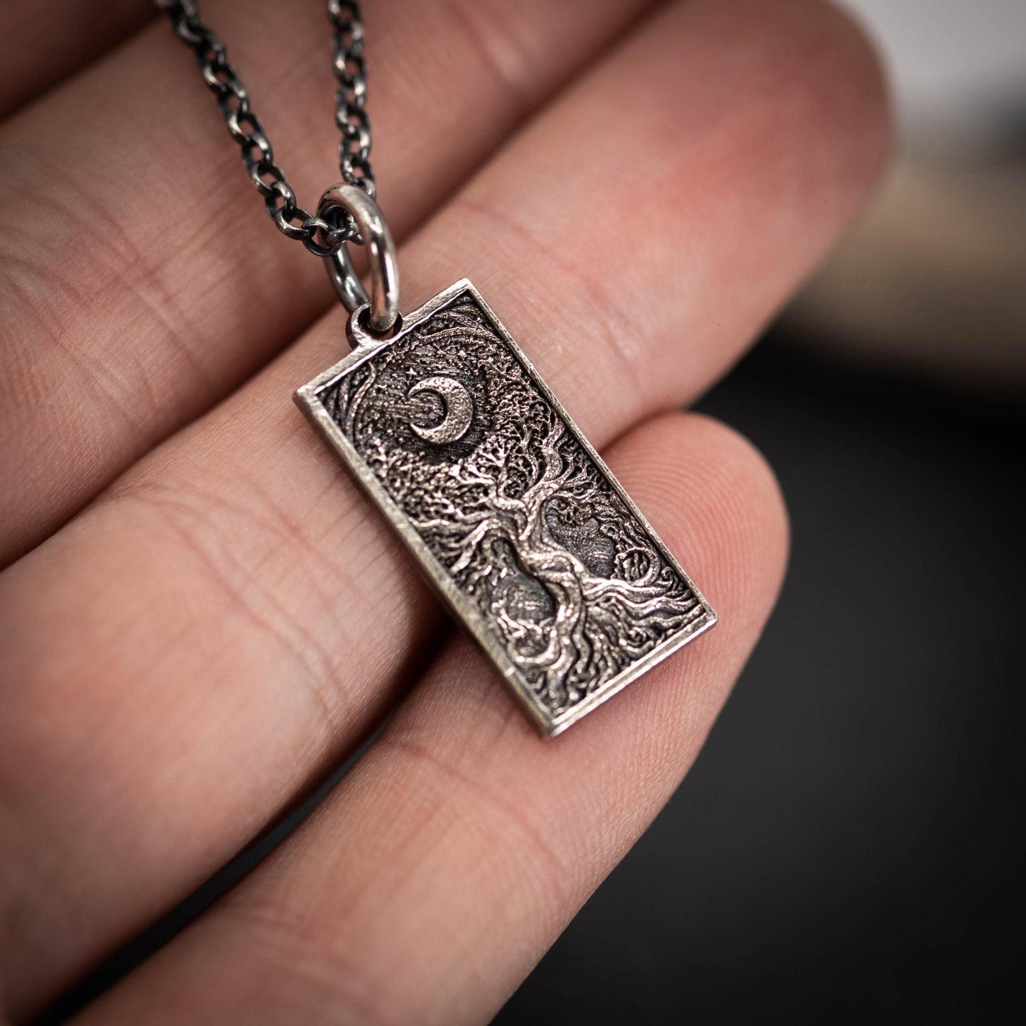 Silver Tree of Life and Moon pendant necklace, Unique mens jewelry, Personalized rustic necklace, men gift