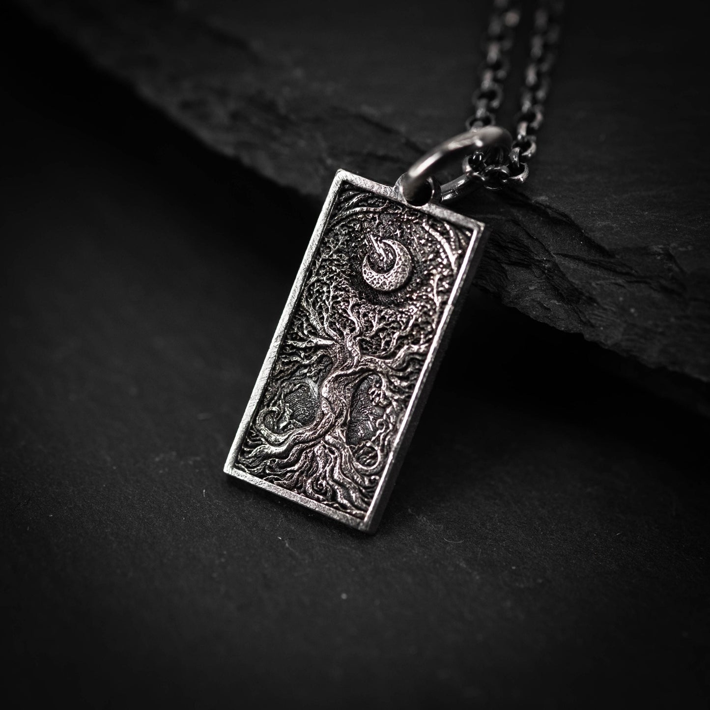 Silver Tree of Life and Moon pendant necklace, Unique mens jewelry, Personalized rustic necklace, men gift