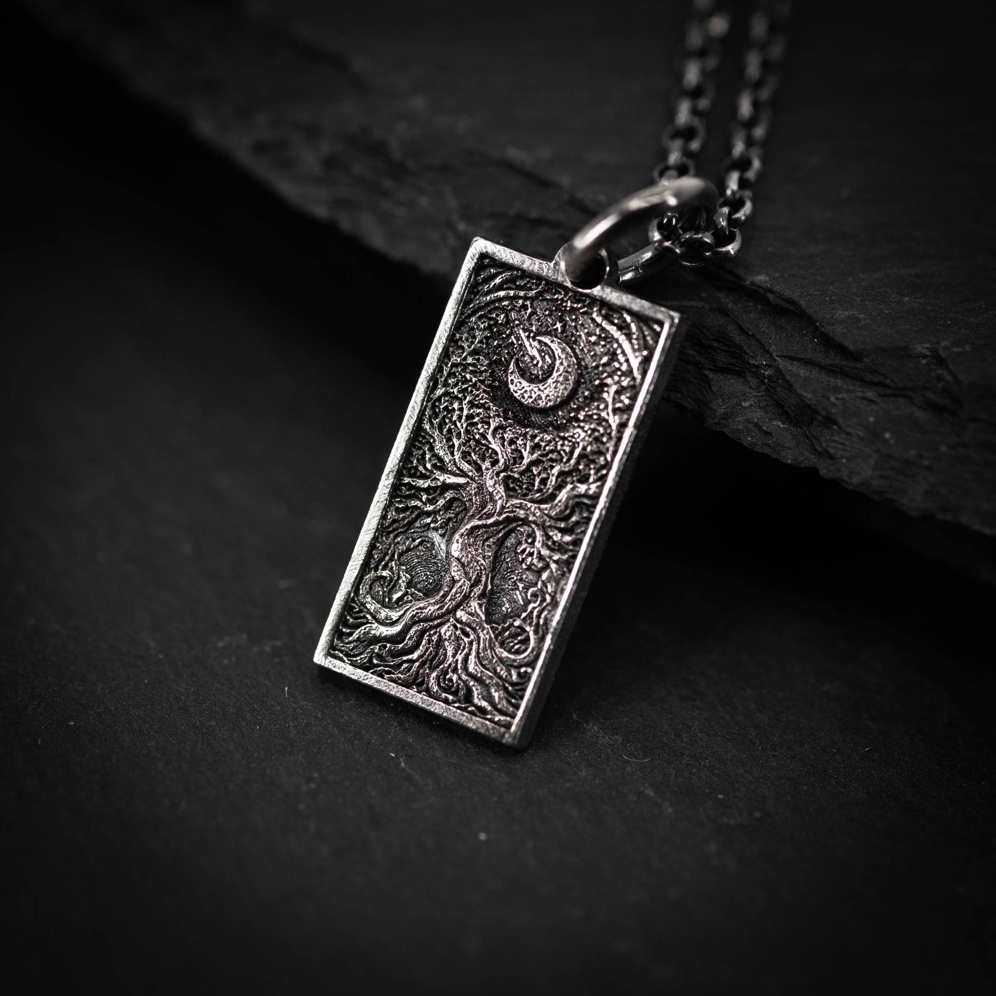 Silver Tree of Life and Moon pendant necklace, Unique mens jewelry, Personalized rustic necklace, men gift