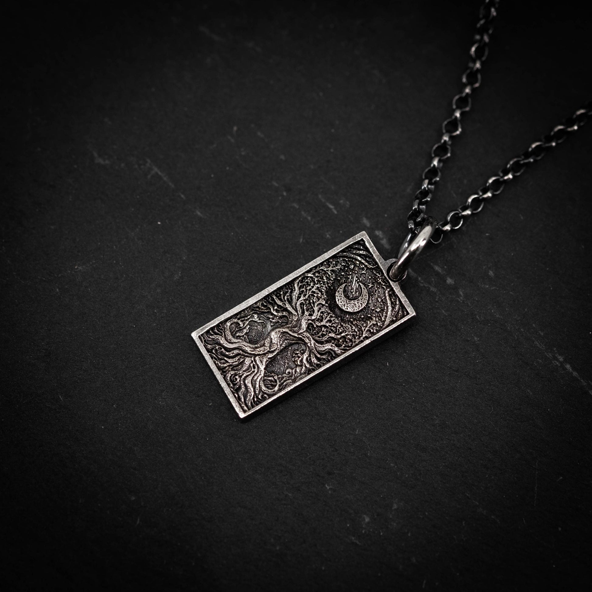 Silver Tree of Life and Moon pendant necklace, Unique mens jewelry, Personalized rustic necklace, men gift