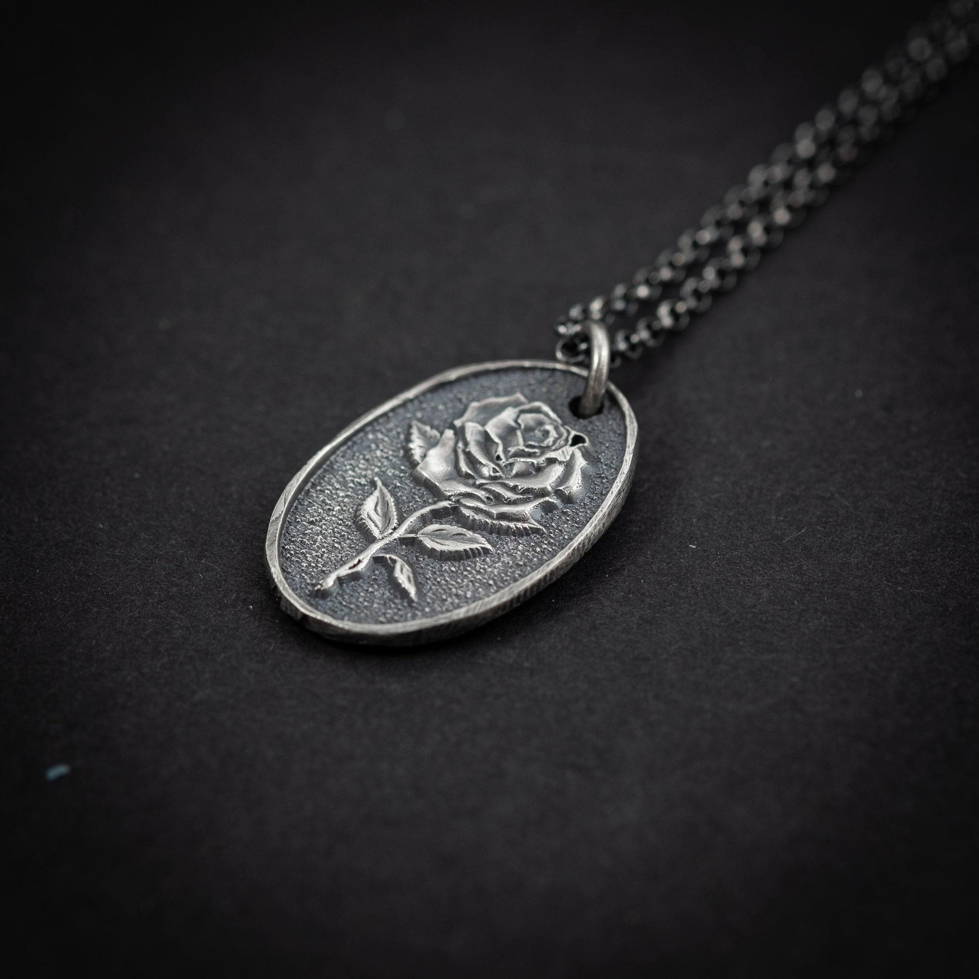 Silver Rose flower necklace, unisex handmade silver rustic jewelry, gift for men, mens necklace