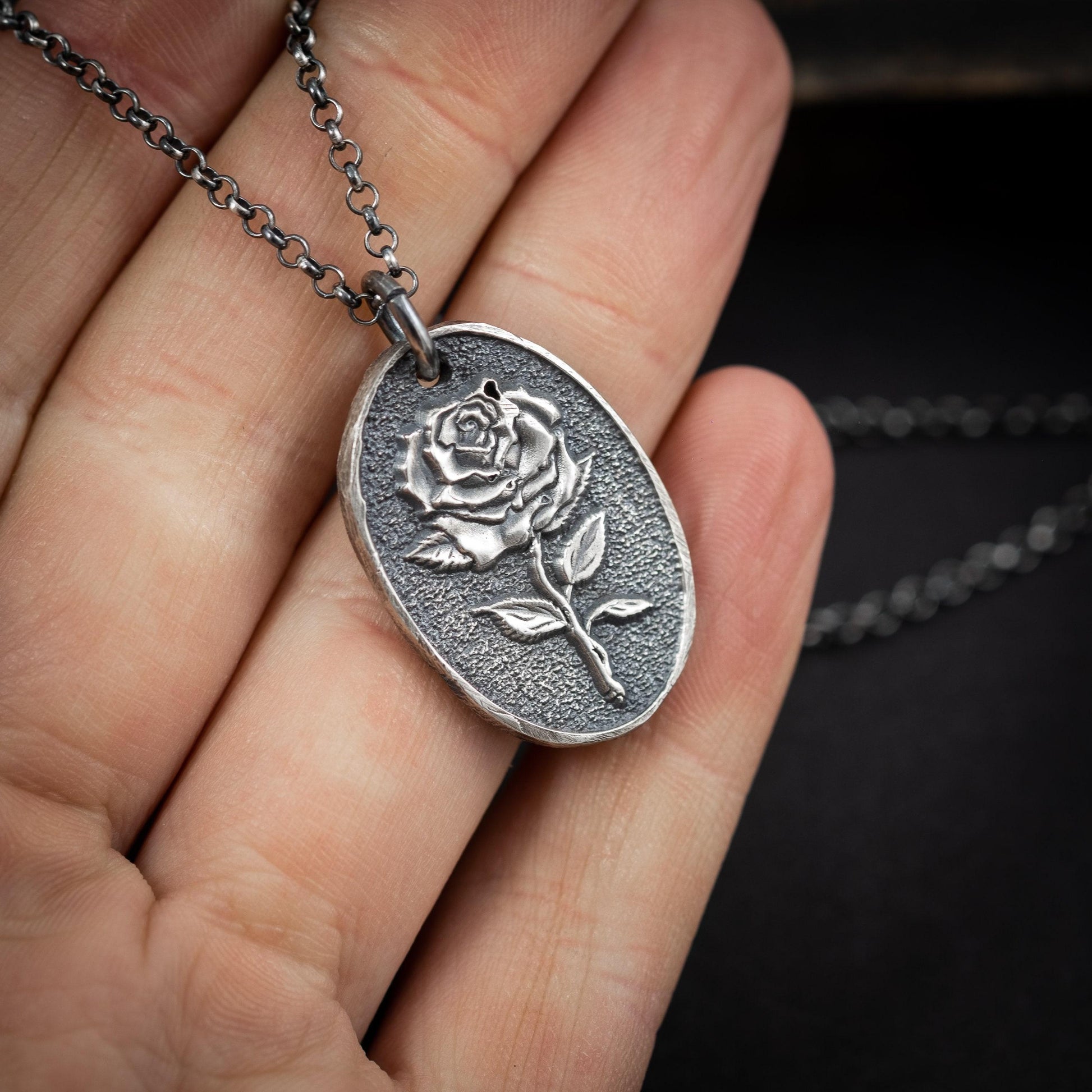 Silver Rose flower necklace, unisex handmade silver rustic jewelry, gift for men, mens necklace