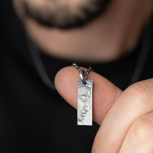 Sterling Silver Buddha Meditation Bar Necklace – Minimalist Rectangular Pendant, Oxidized Spiritual Jewelry