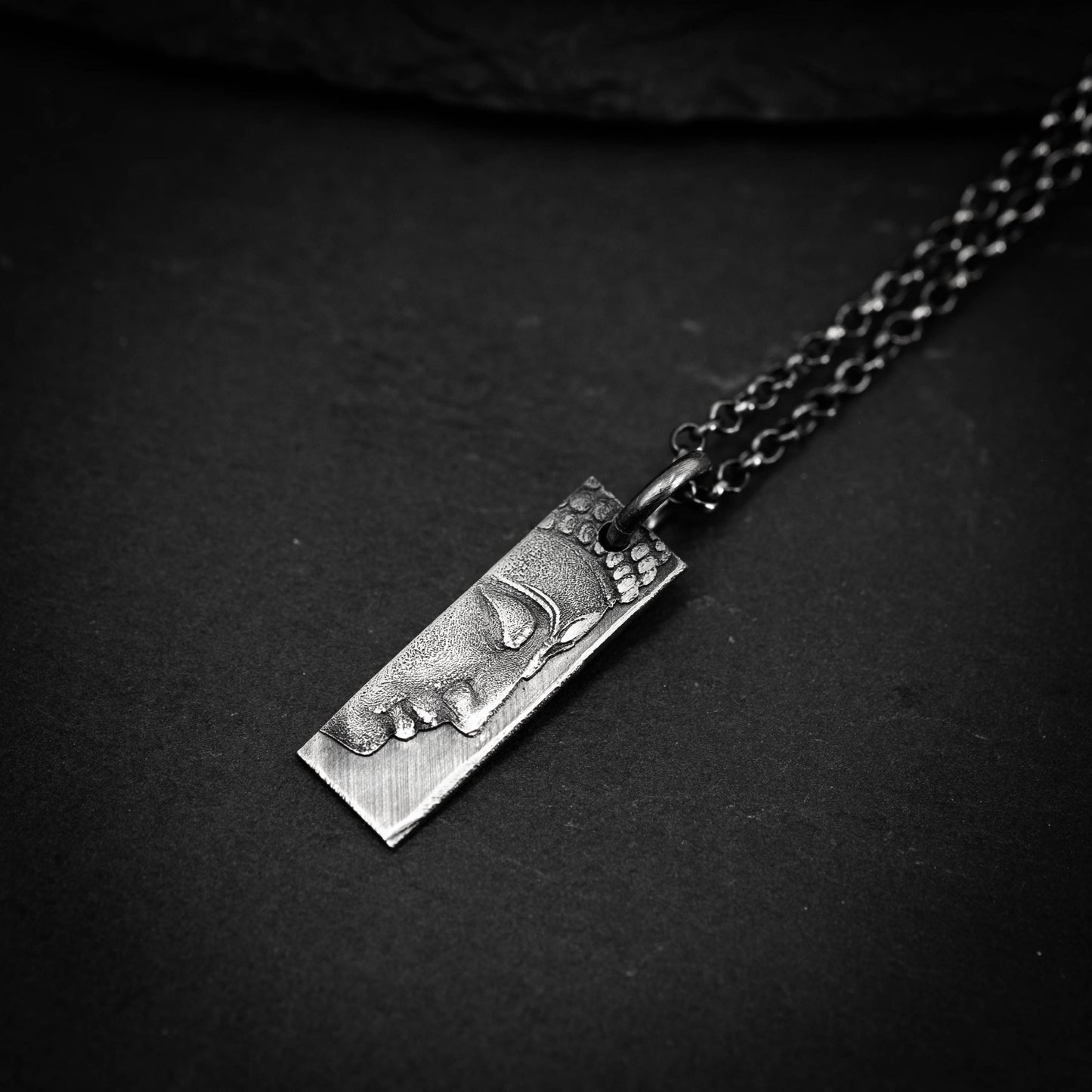 Sterling Silver Buddha Meditation Bar Necklace – Minimalist Rectangular Pendant, Oxidized Spiritual Jewelry