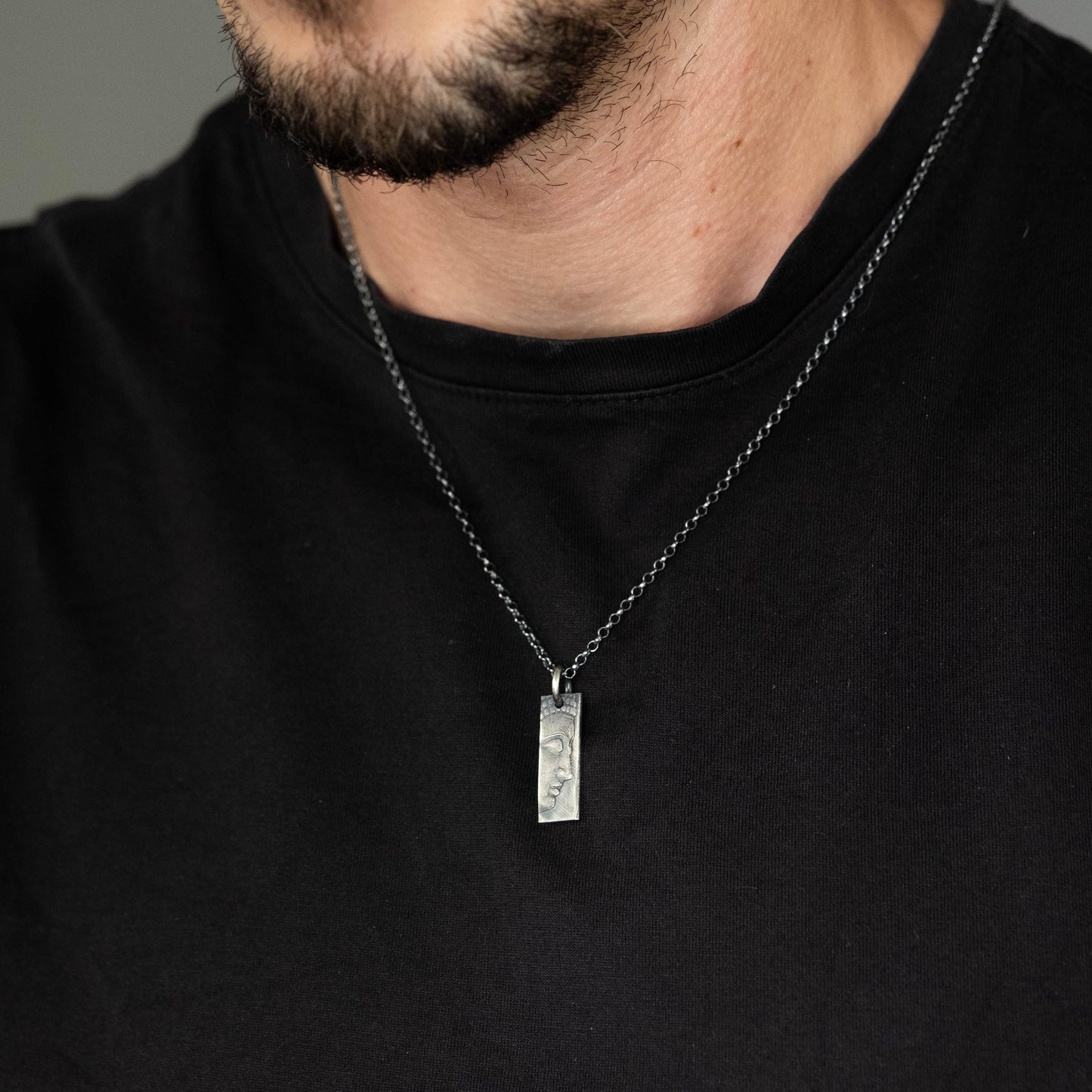 Sterling Silver Buddha Meditation Bar Necklace – Minimalist Rectangular Pendant, Oxidized Spiritual Jewelry