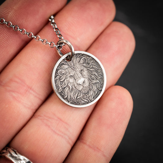 Wild Lion head Silver pendant necklace, Protection Strength amulet Leo zodiac necklace, oxidized Astrology jewelry, mens silver gift