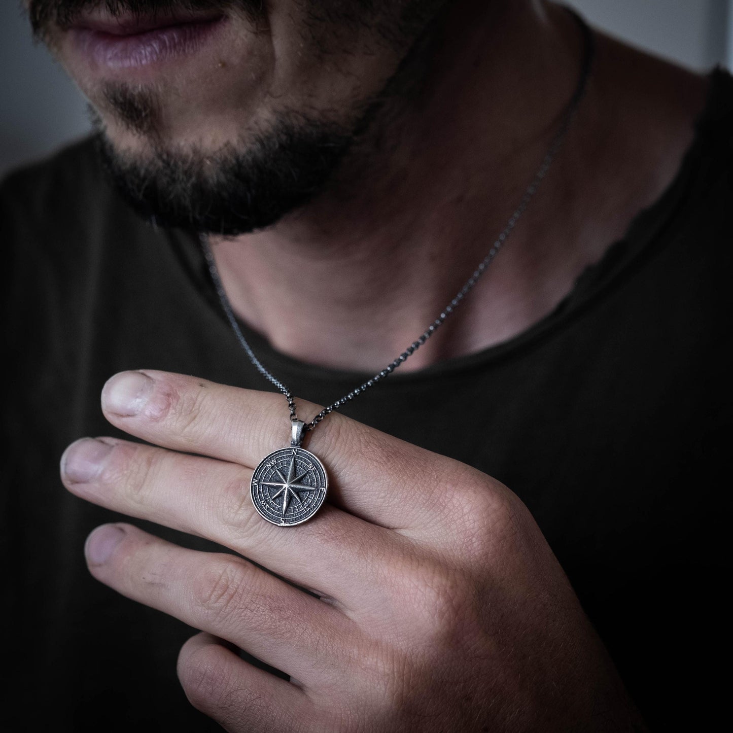 Mens Personalized Silver Compass pendant necklace, Travel wanderlust necklace gift, Adventure mens gift, custom necklace, Christmas gifts