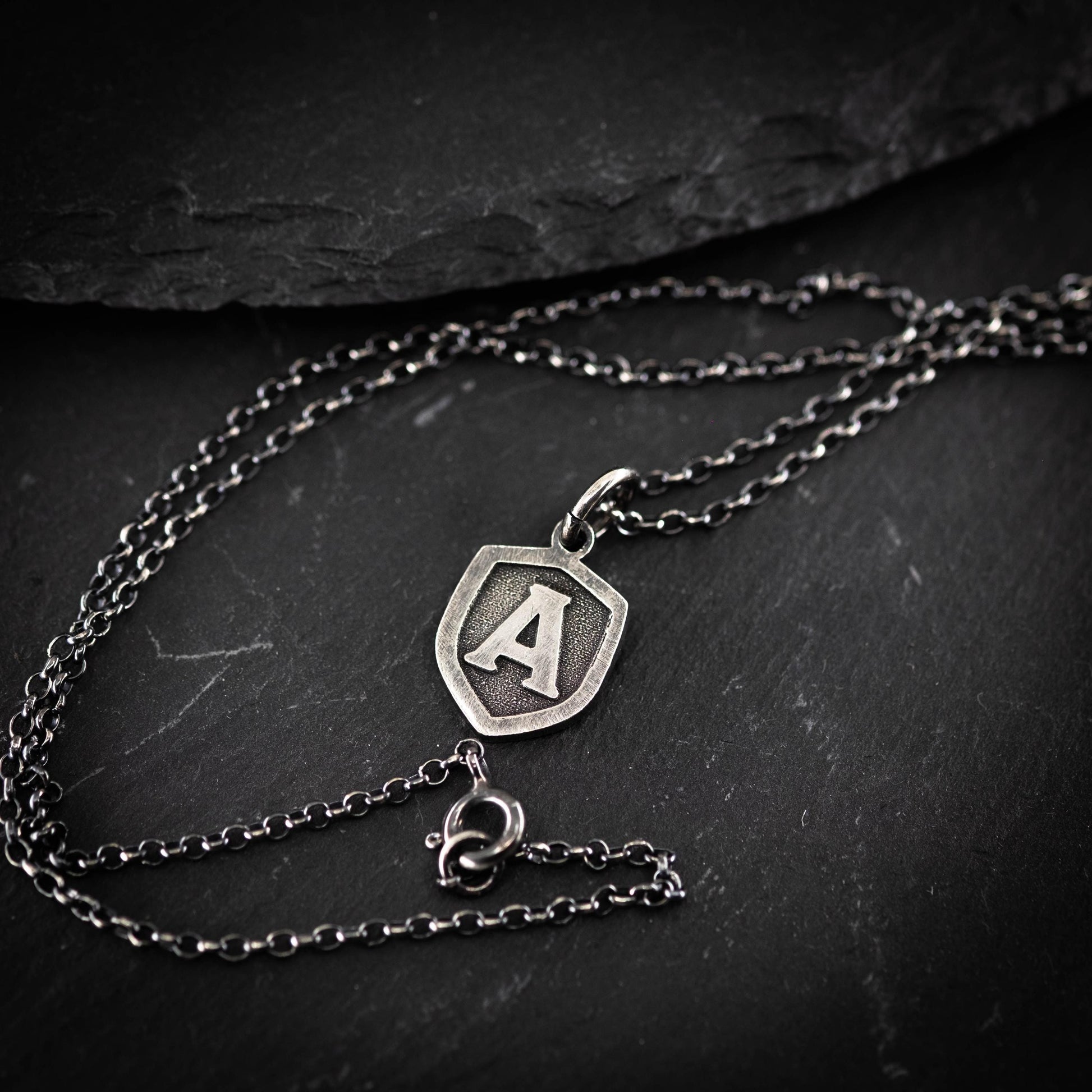 Personalized Silver Initial Necklace – Rustic Shield Pendant for Men – Handmade SilverJewelry