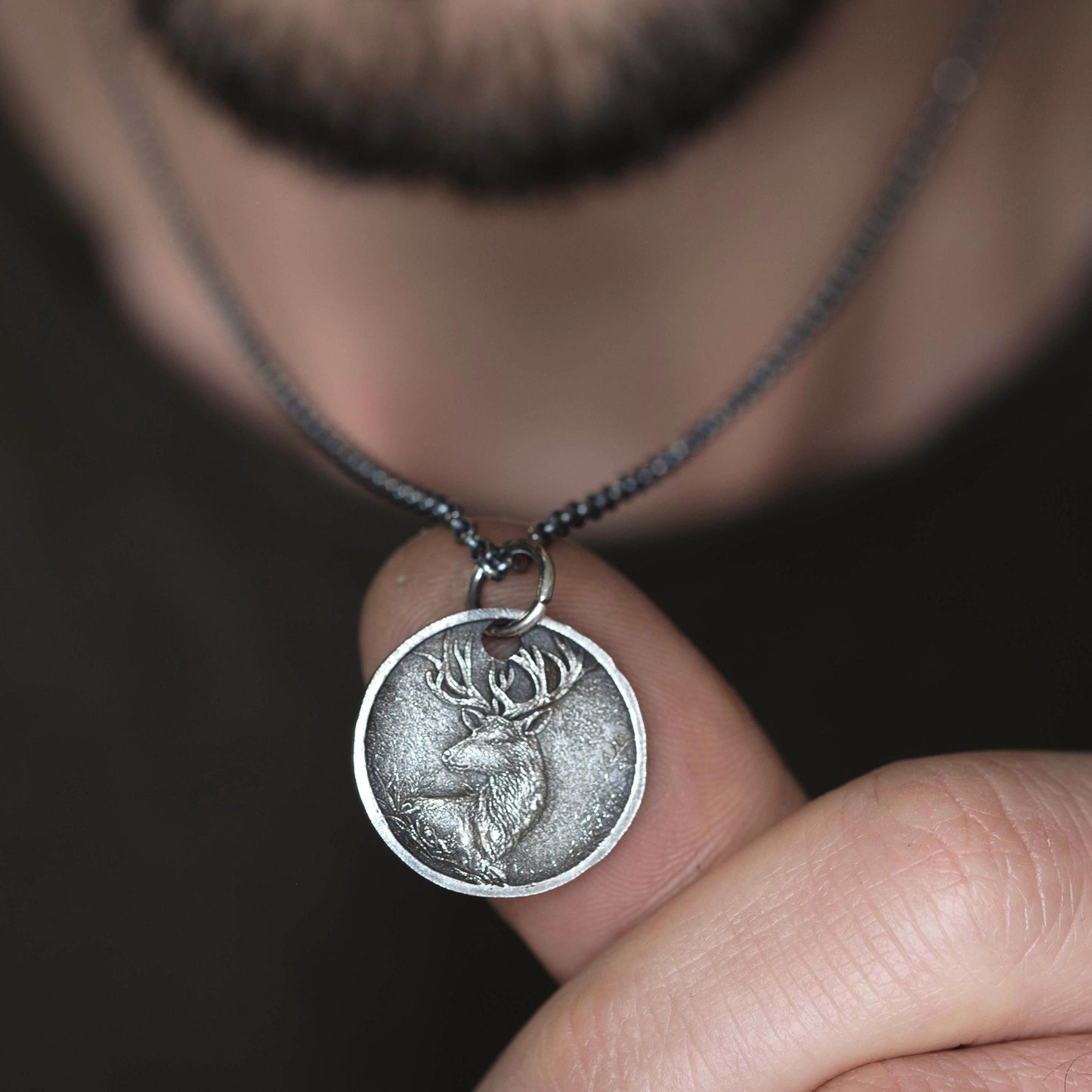 Silver Deer Personalized Men's Rustic Necklace, Nature Lovers Handmade Engraved Jewelry