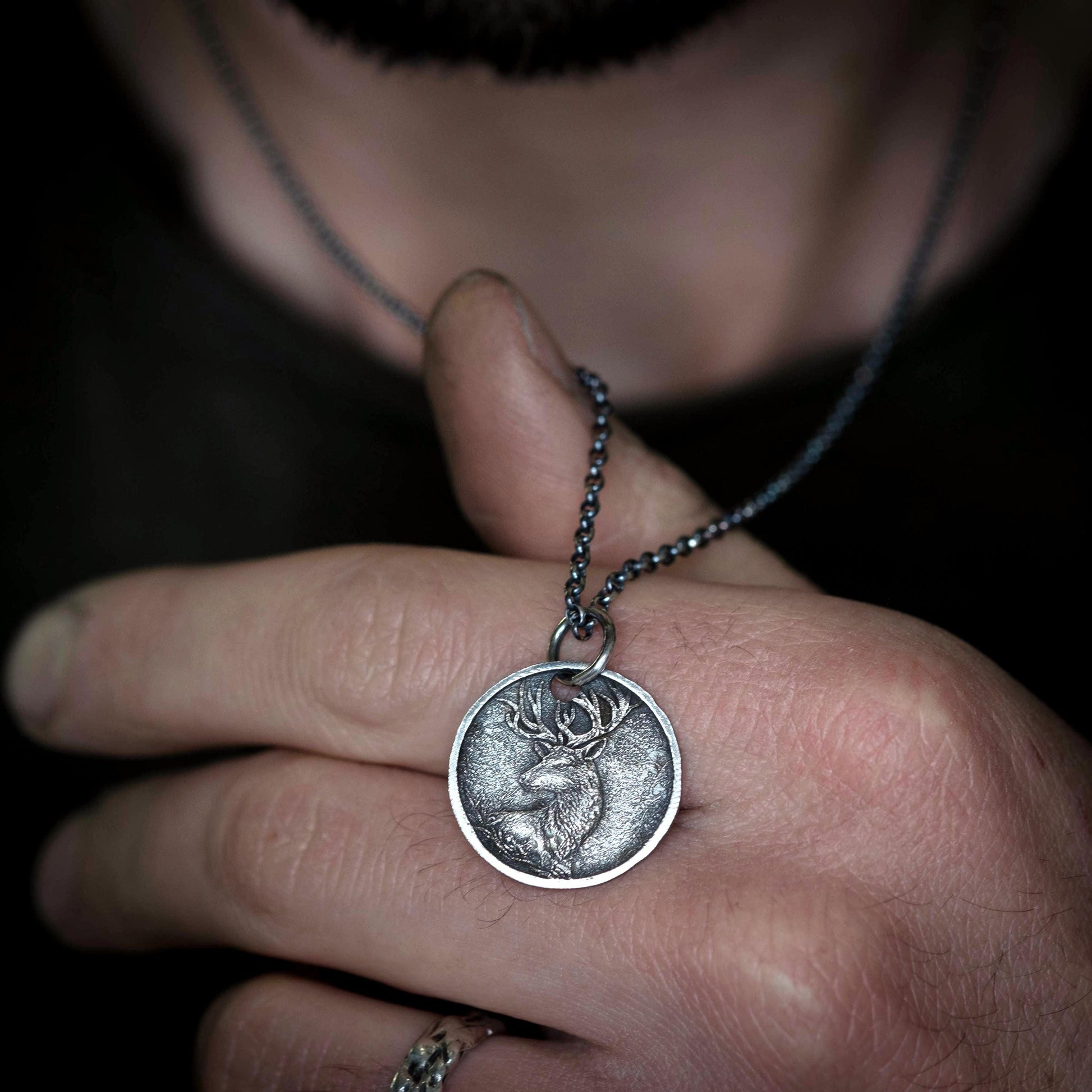 Silver Deer Personalized Men's Rustic Necklace, Nature Lovers Handmade Engraved Jewelry