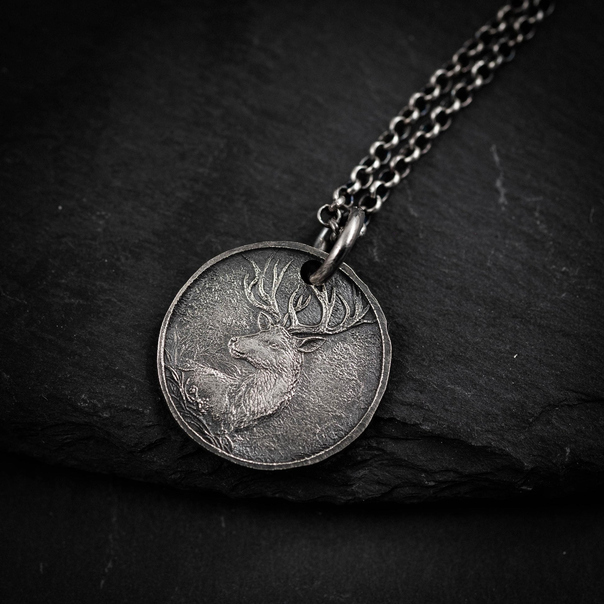 Silver Deer Personalized Men's Rustic Necklace, Nature Lovers Handmade Engraved Jewelry