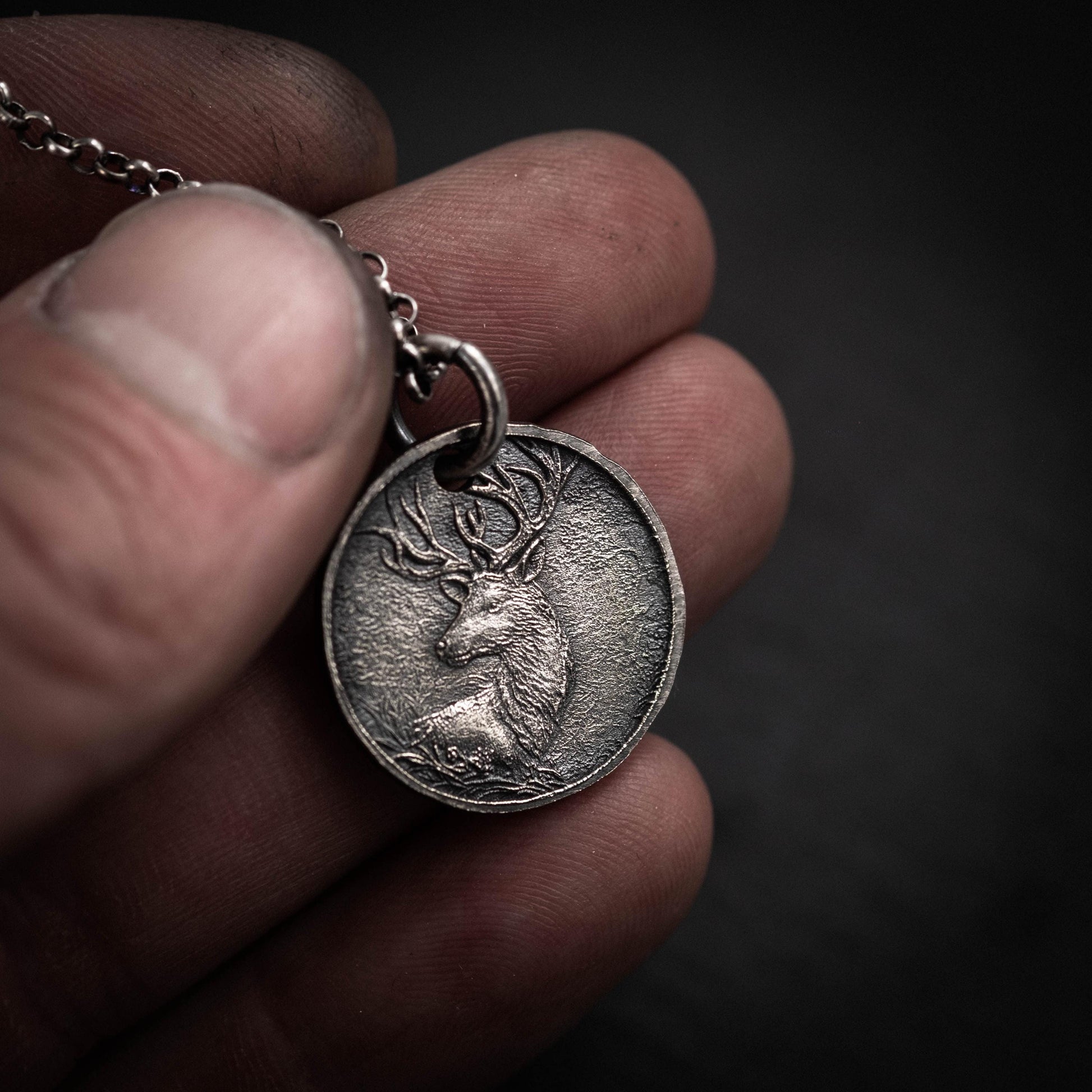 Silver Deer Personalized Men's Rustic Necklace, Nature Lovers Handmade Engraved Jewelry