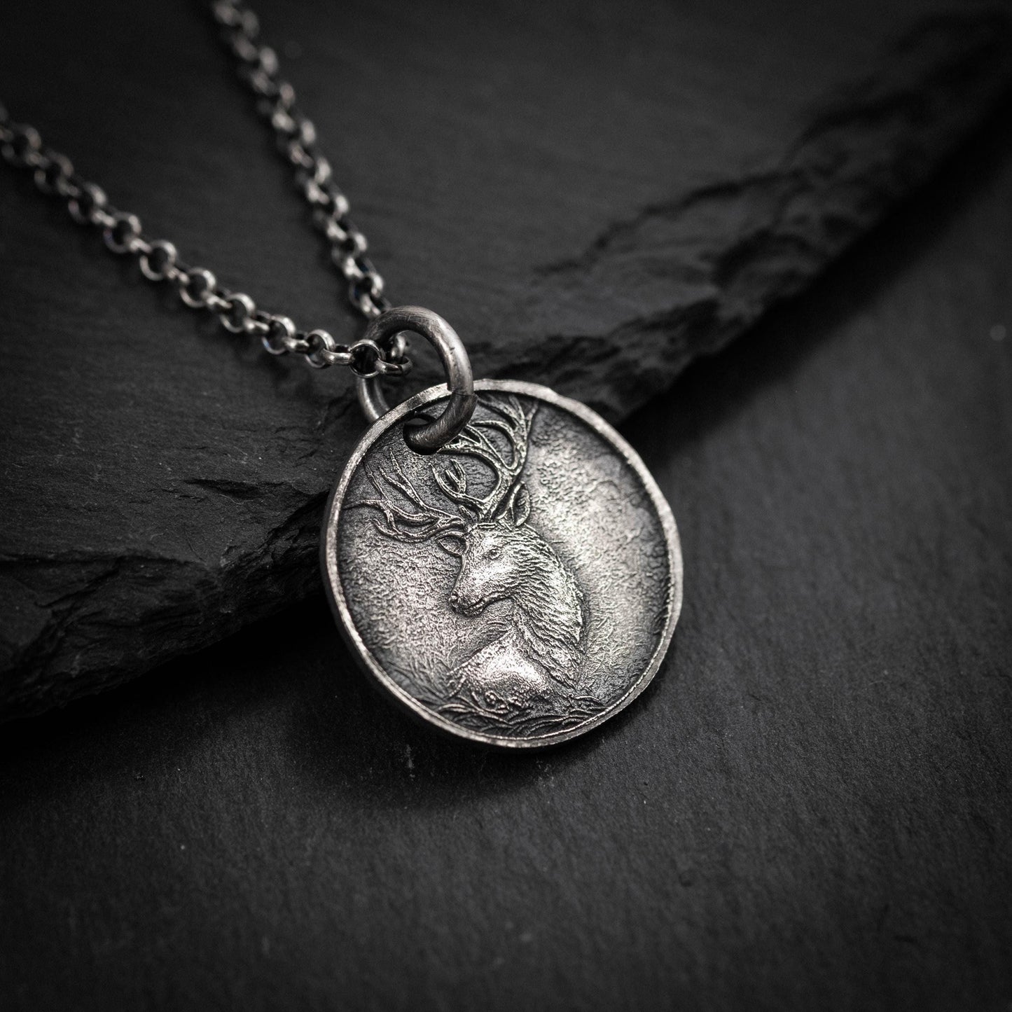 Silver Deer Personalized Men's Rustic Necklace, Nature Lovers Handmade Engraved Jewelry
