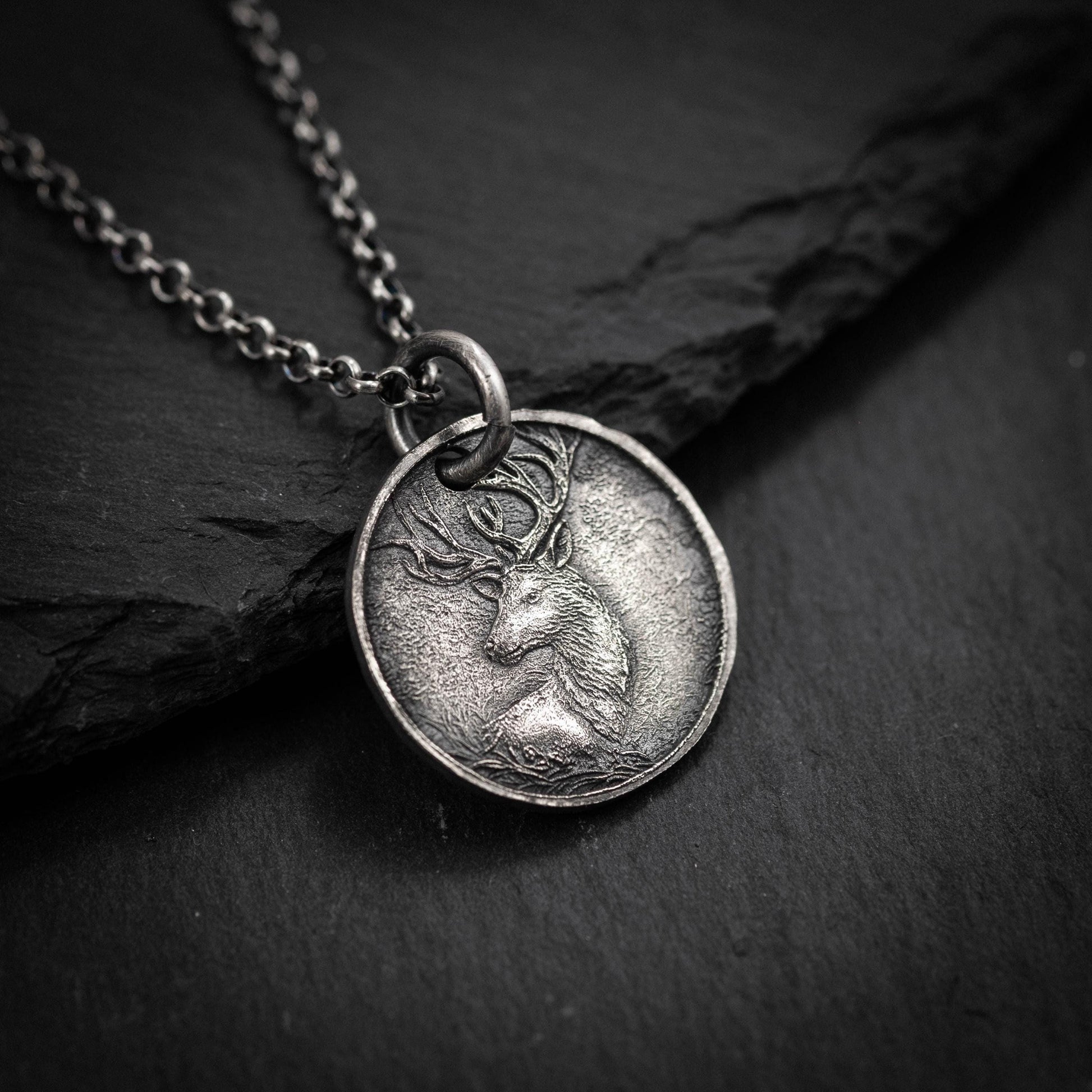 Silver Deer Personalized Men's Rustic Necklace, Nature Lovers Handmade Engraved Jewelry