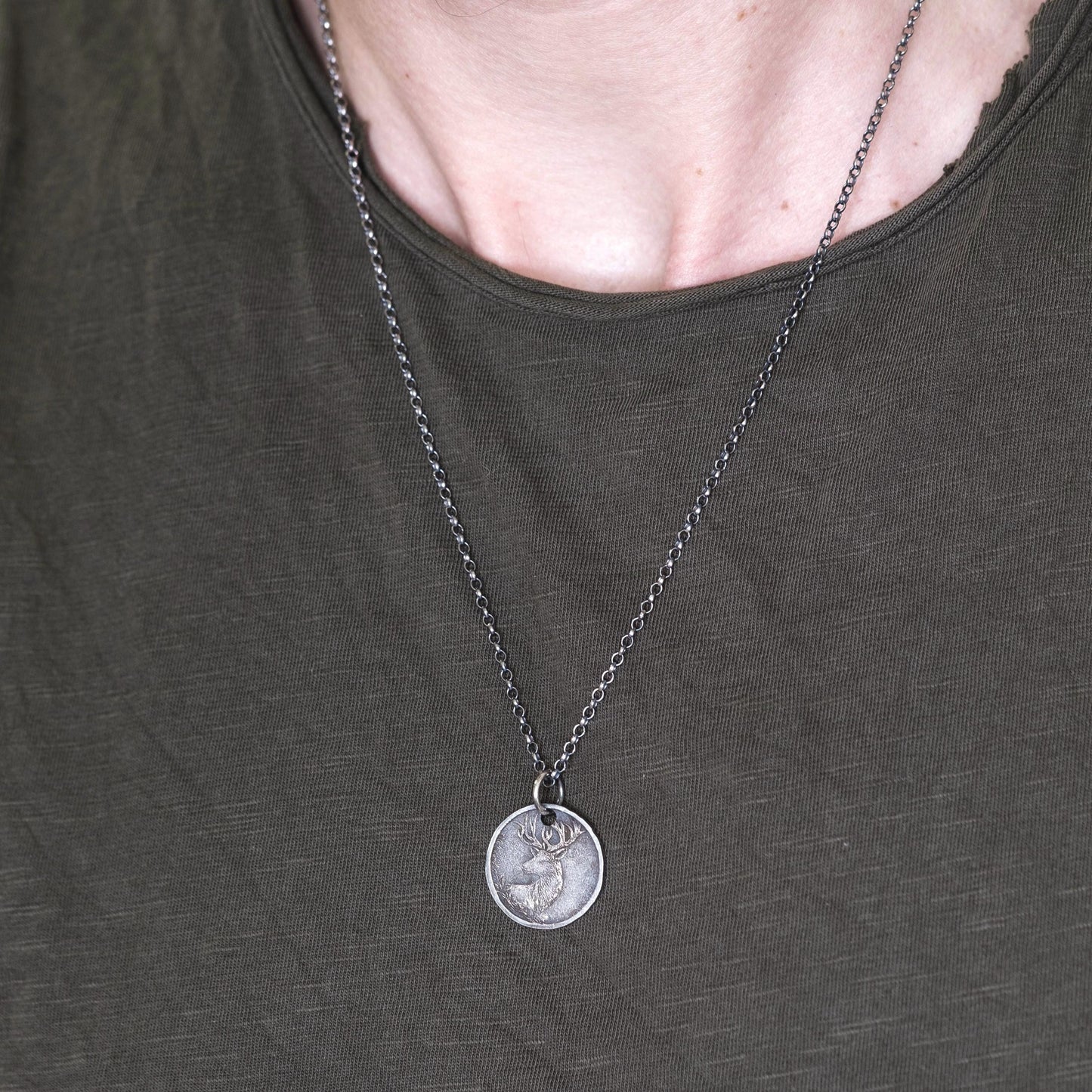 Silver Deer Personalized Men's Rustic Necklace, Nature Lovers Handmade Engraved Jewelry