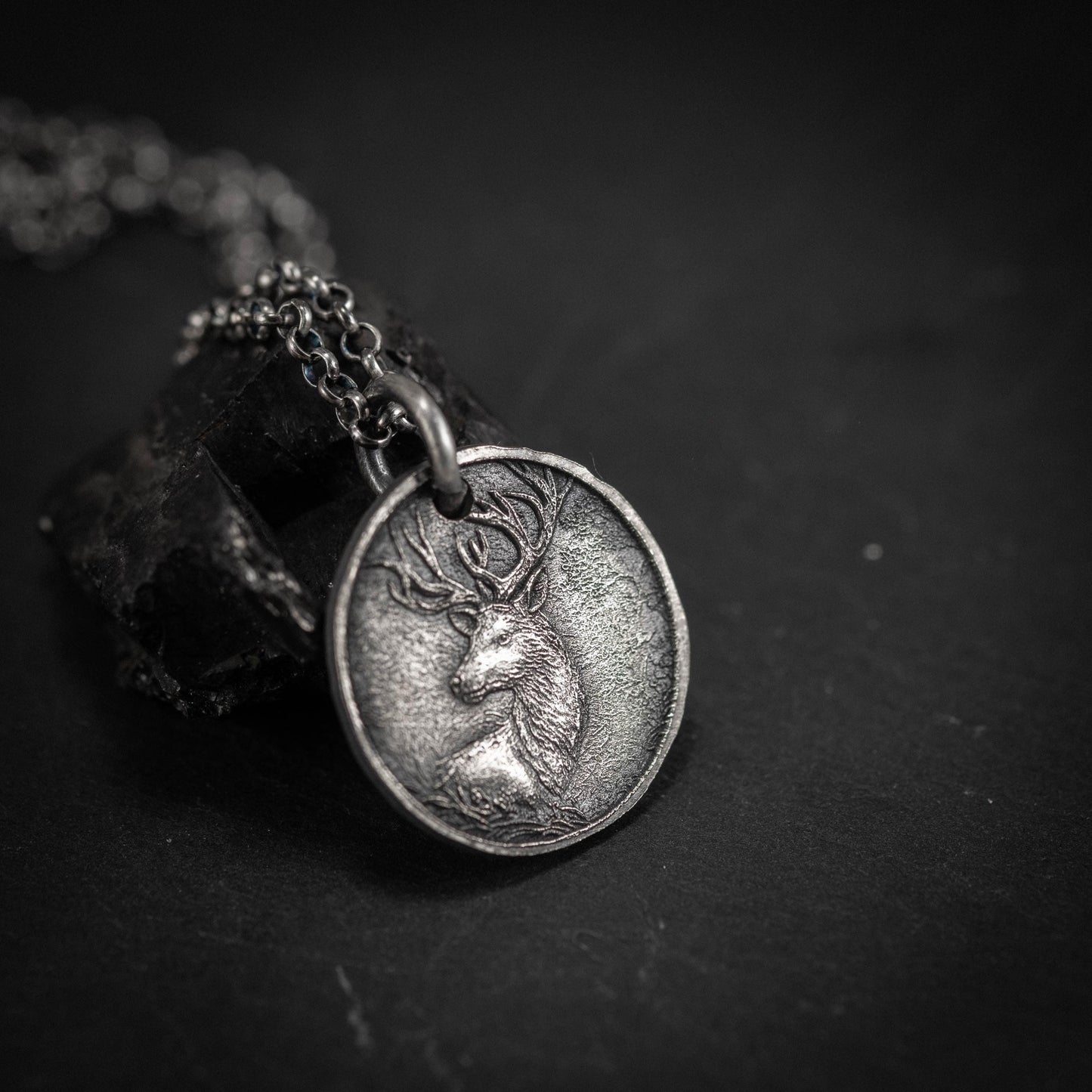 Silver Deer Personalized Men's Rustic Necklace, Nature Lovers Handmade Engraved Jewelry