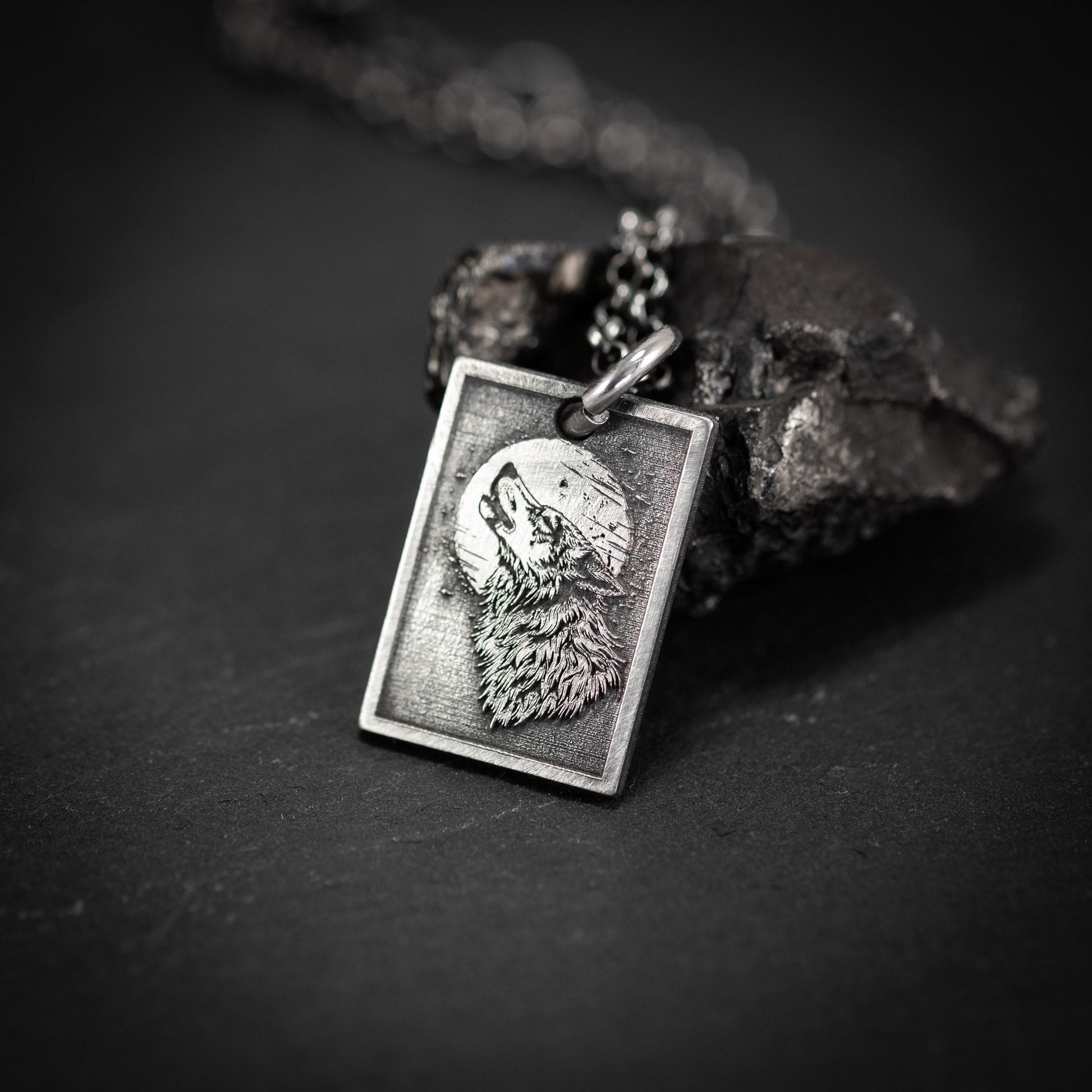 Wolf and moon Necklace, Wolf Silver Charm, Sterling Silver handmade jewelry,Wolf wilderness Pendant