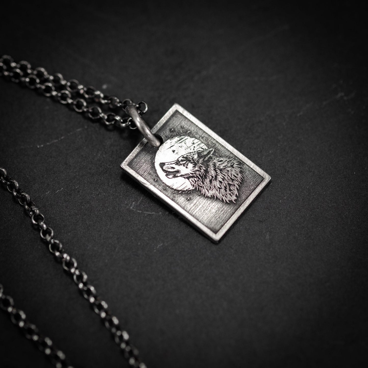 Wolf and moon Necklace, Wolf Silver Charm, Sterling Silver handmade jewelry,Wolf wilderness Pendant