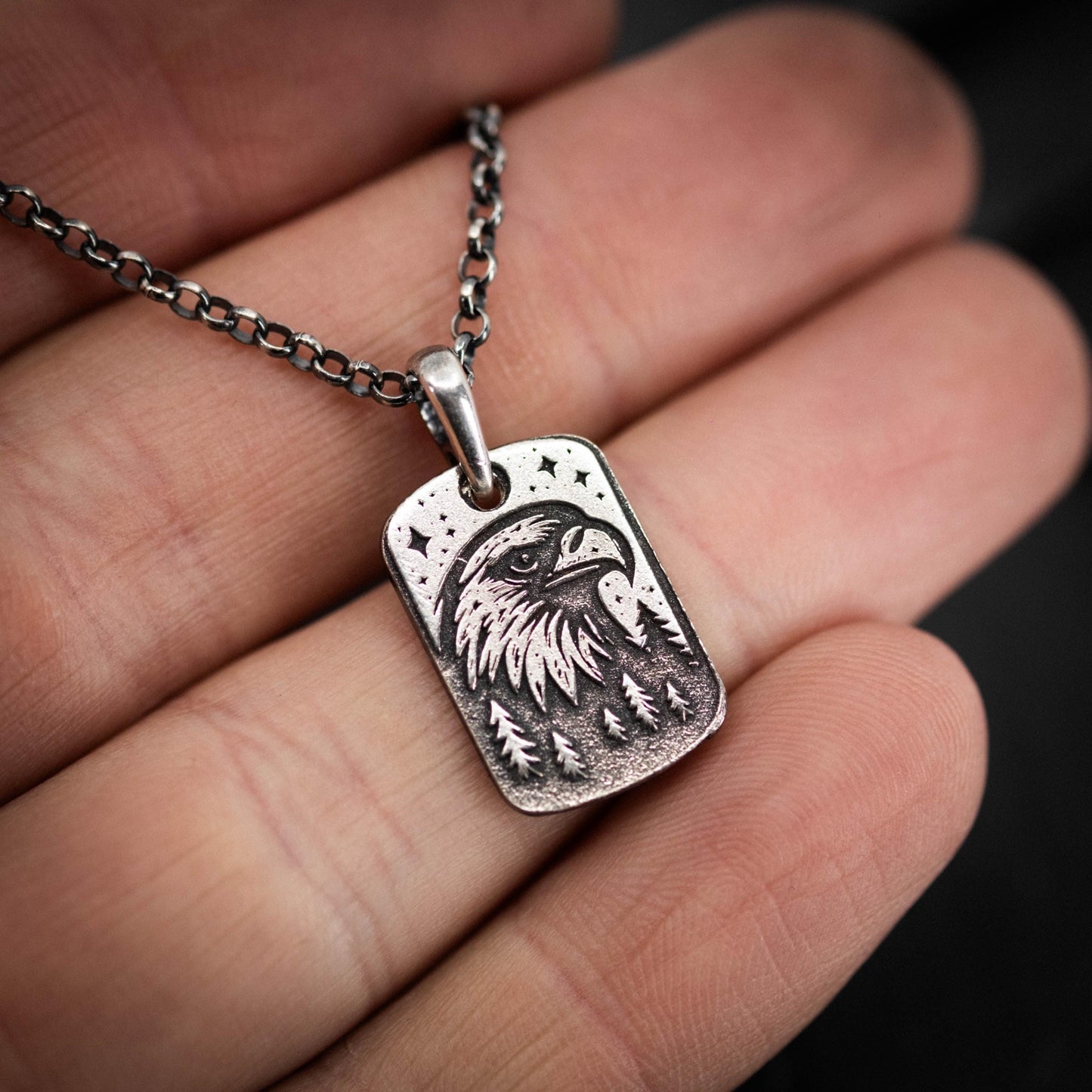 Silver American Eagle silver Rustic pendant necklace, Handmade men bird jewelry, husband men gift,