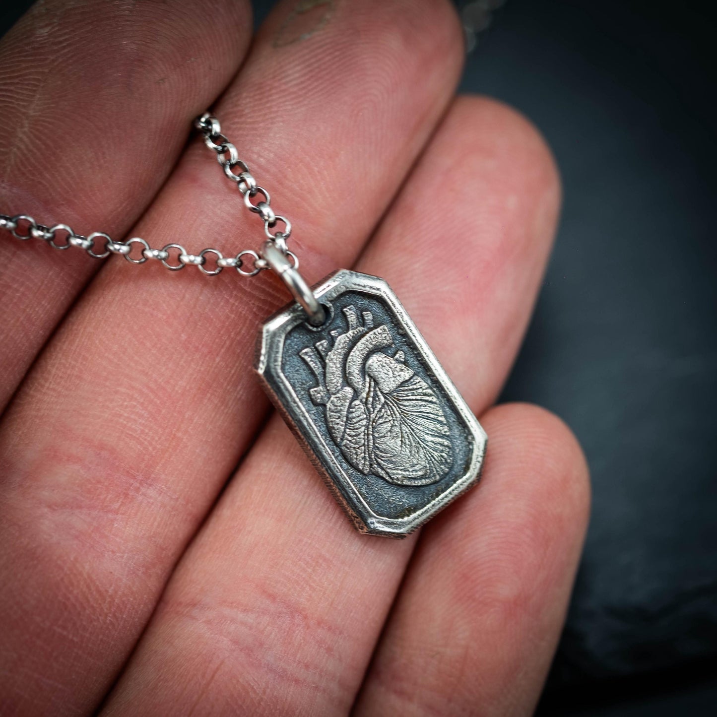 Silver Anatomical Human Heart Pendant Necklace, Rustic Oxidized Silver Jewelry, Unique Gift for men, Anatomy Lovers gift
