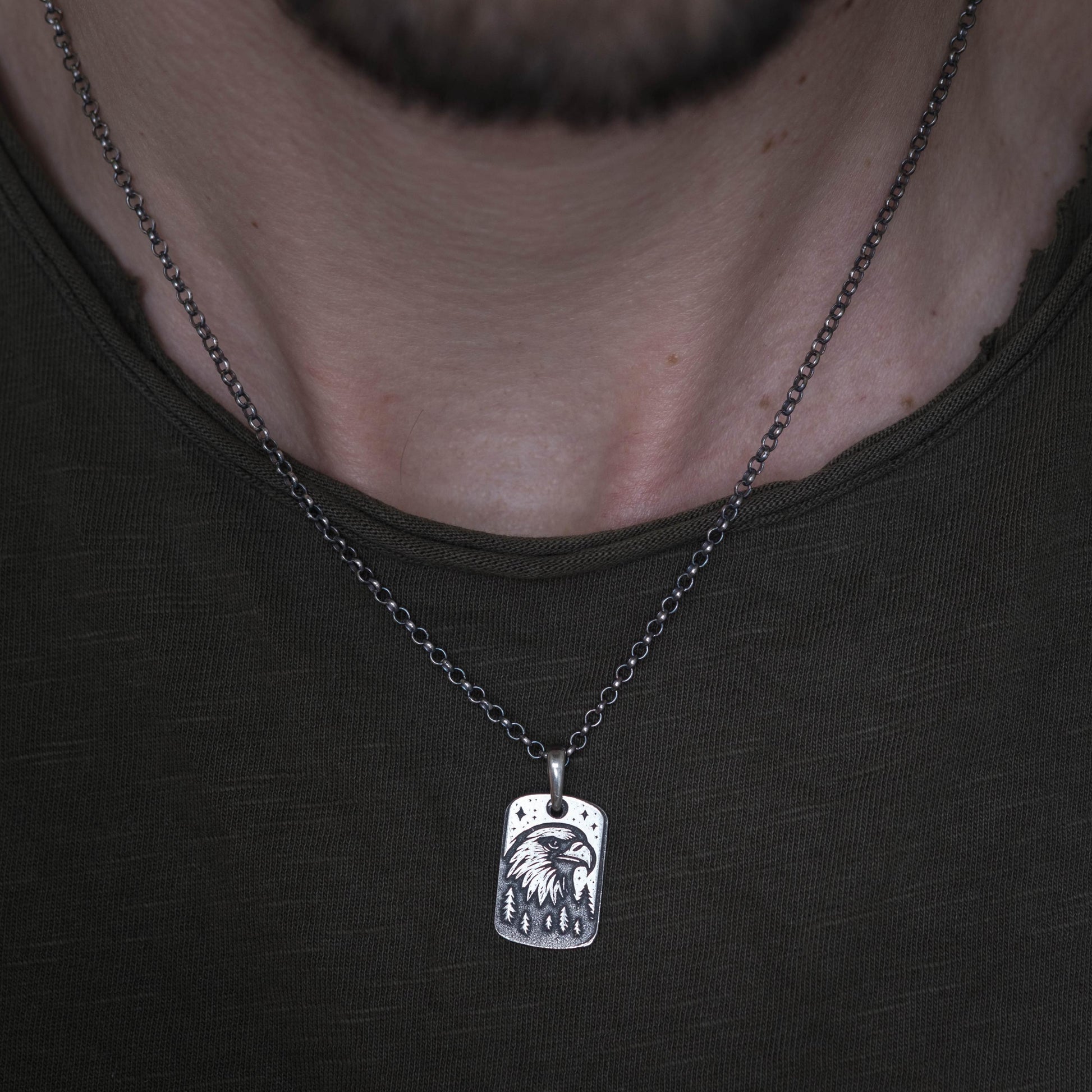Silver American Eagle silver Rustic pendant necklace, Handmade men bird jewelry, husband men gift,
