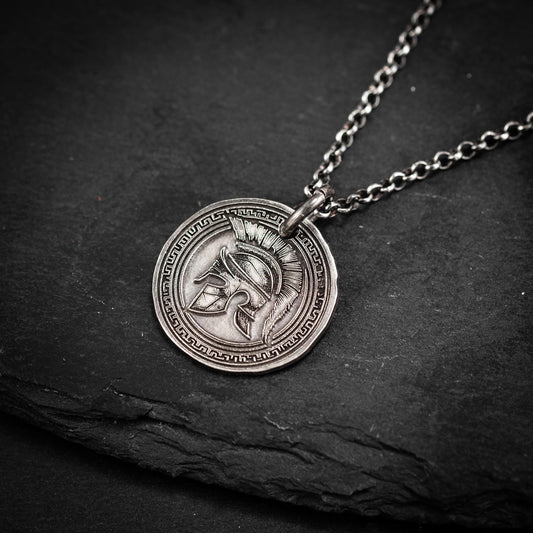 Mens Spartan Sterling Silver Warrior Pendant, Protection amulet Mens Greek helmet necklace, Husband gift, encouragement mens gift
