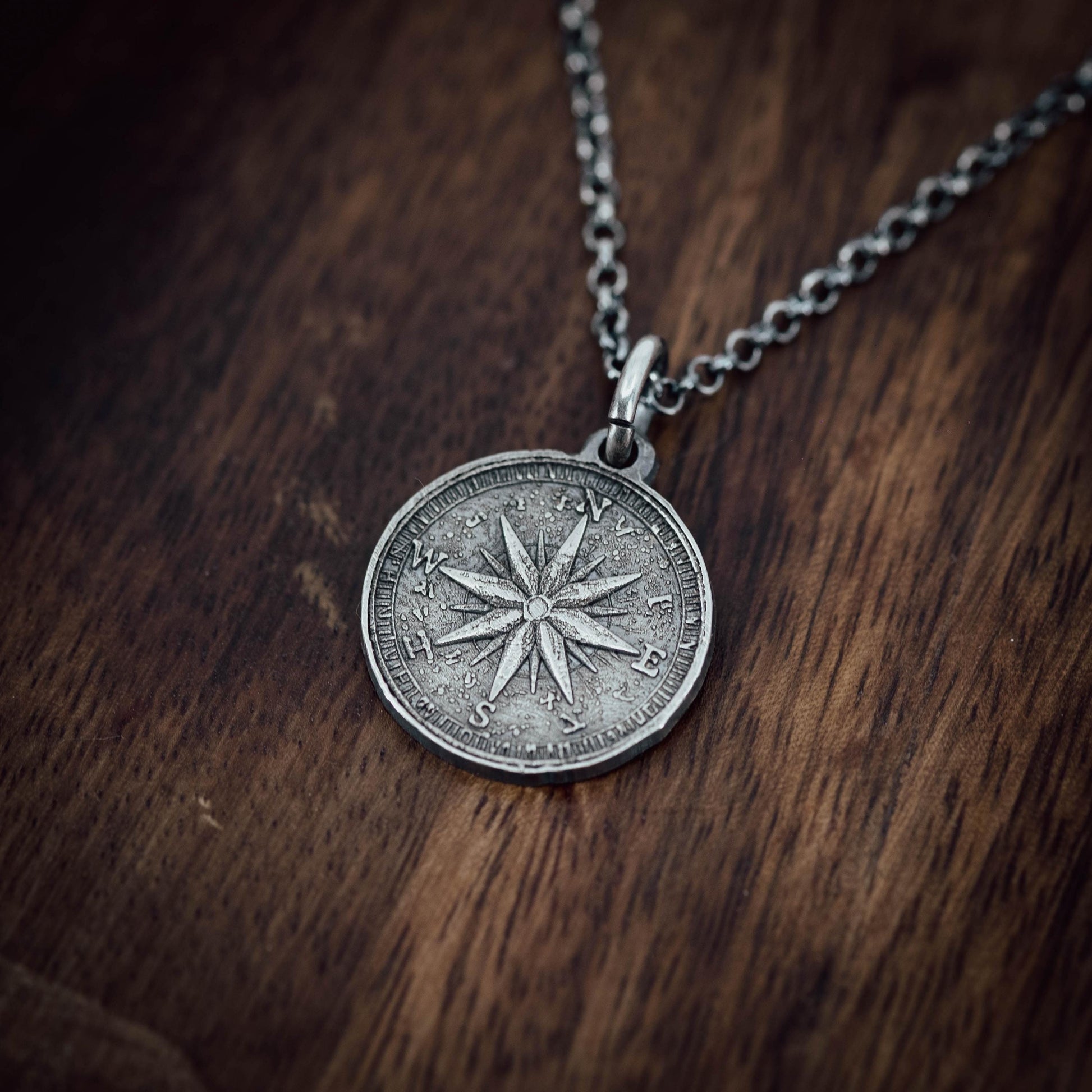 Mens Silver Compass necklace pendant, Rustic Travel jewelry for men, Nautical Adventure Gift