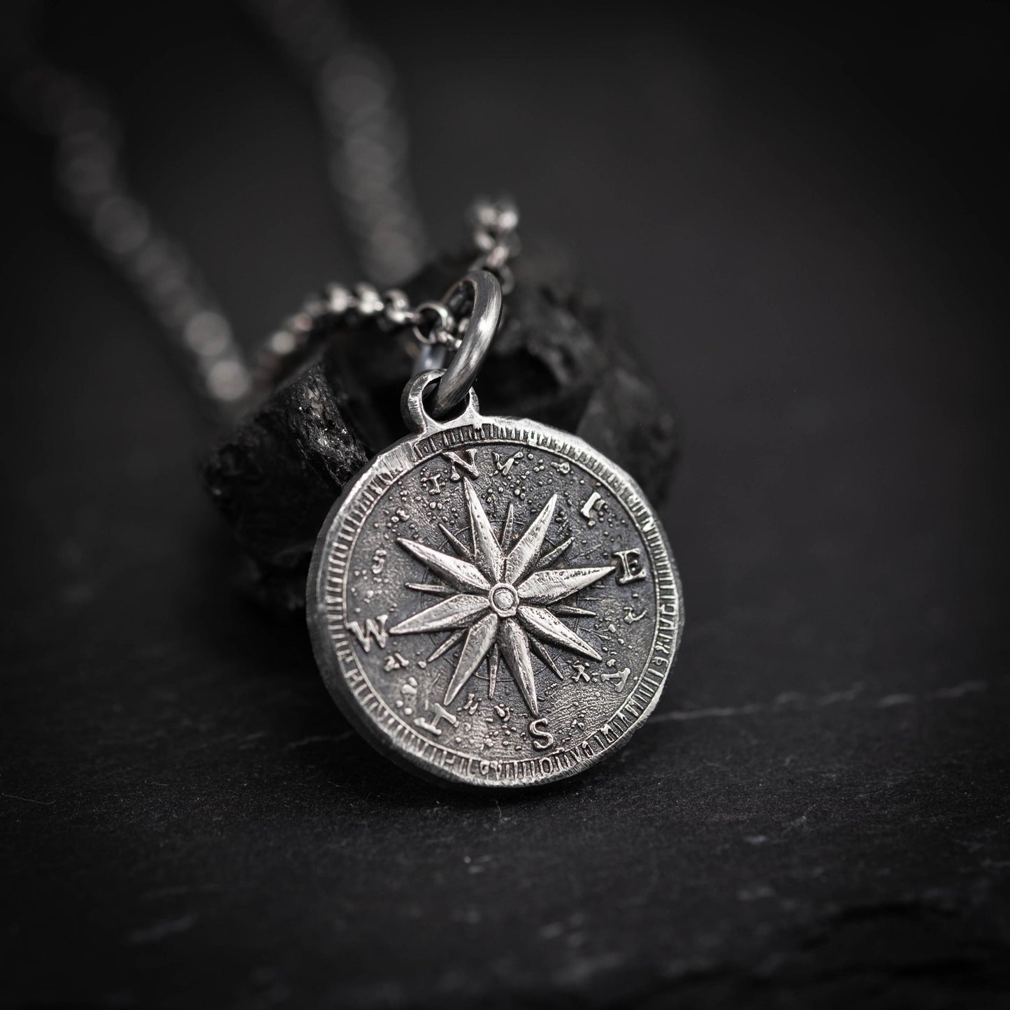 Mens Silver Compass necklace pendant, Rustic Travel jewelry for men, Nautical Adventure Gift