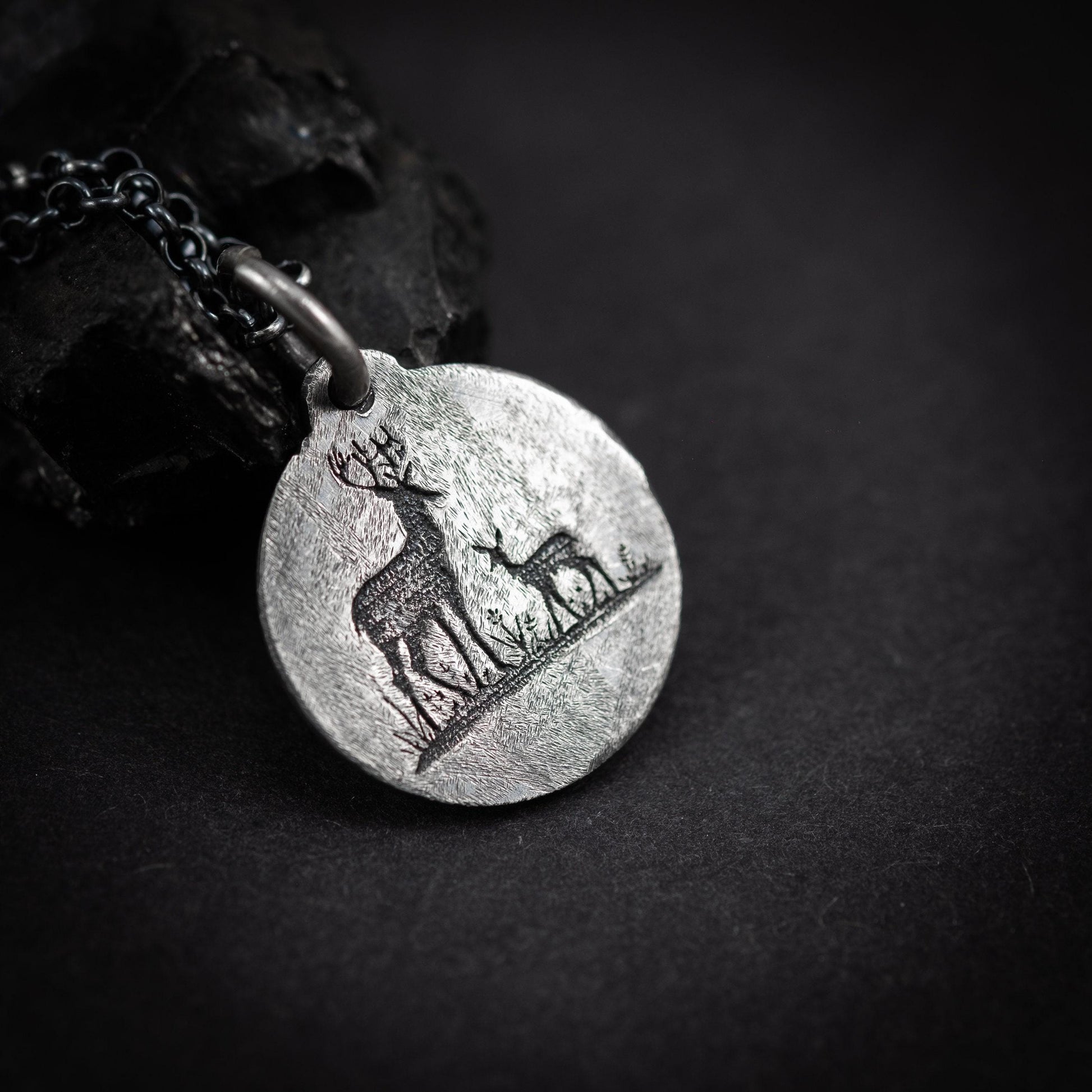Rustic Silver Deer Pendant necklace, Oxidized handmade personalized Custom jewelry for men or women