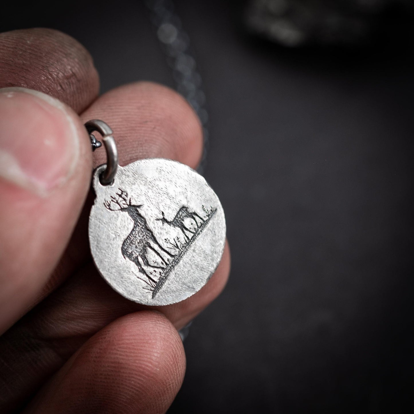Rustic Silver Deer Pendant necklace, Oxidized handmade personalized Custom jewelry for men or women