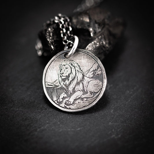 Lion Silver pendant necklace, Protection Strength amulet Leo zodiac necklace, oxidized Astrology jewelry, ,mens sterling silver gift