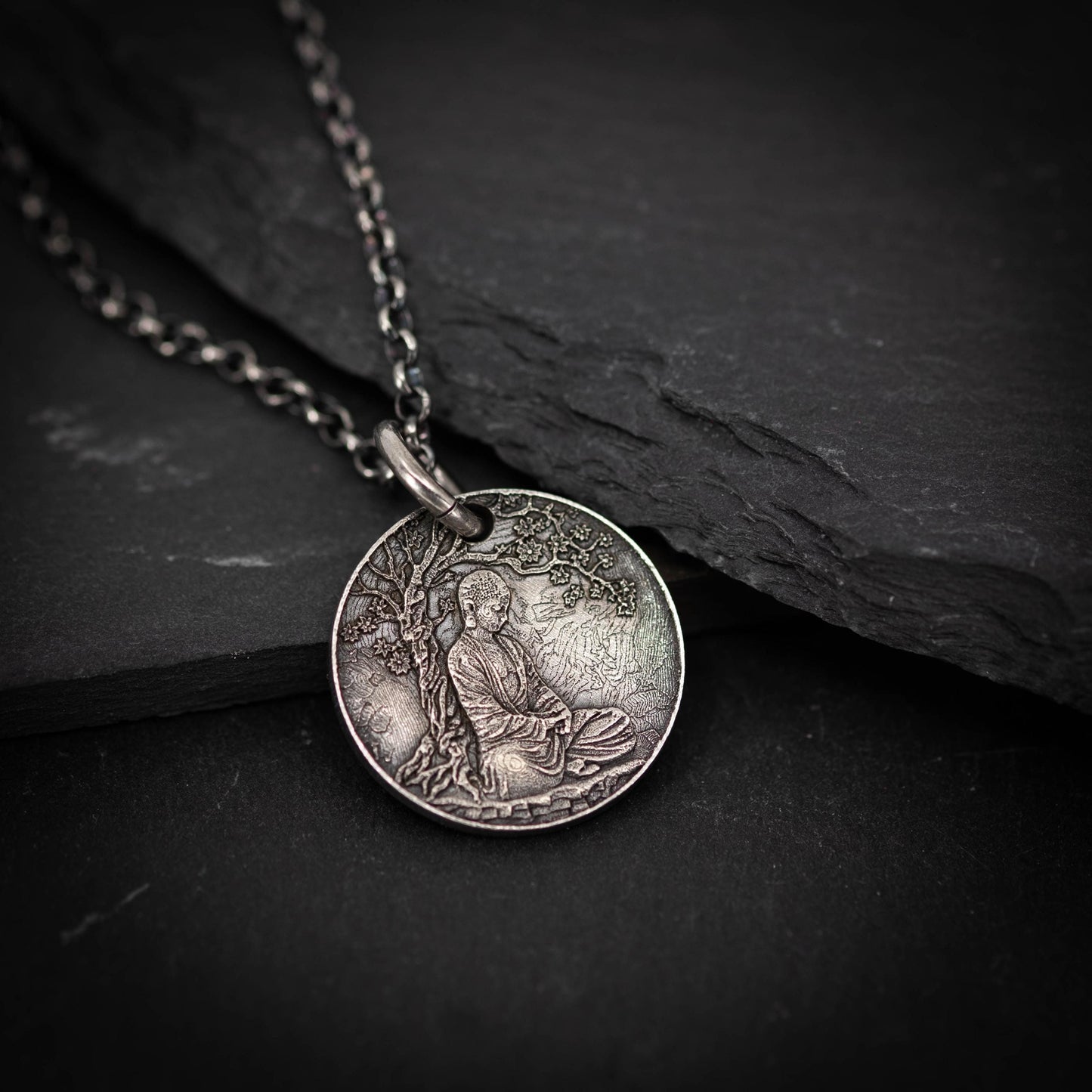 Buddha Meditation silver pendant necklace, Buddhist yoga handmade spiritual jewelry, Mindfulnes gift for him, mens necklace, Anxiety relief