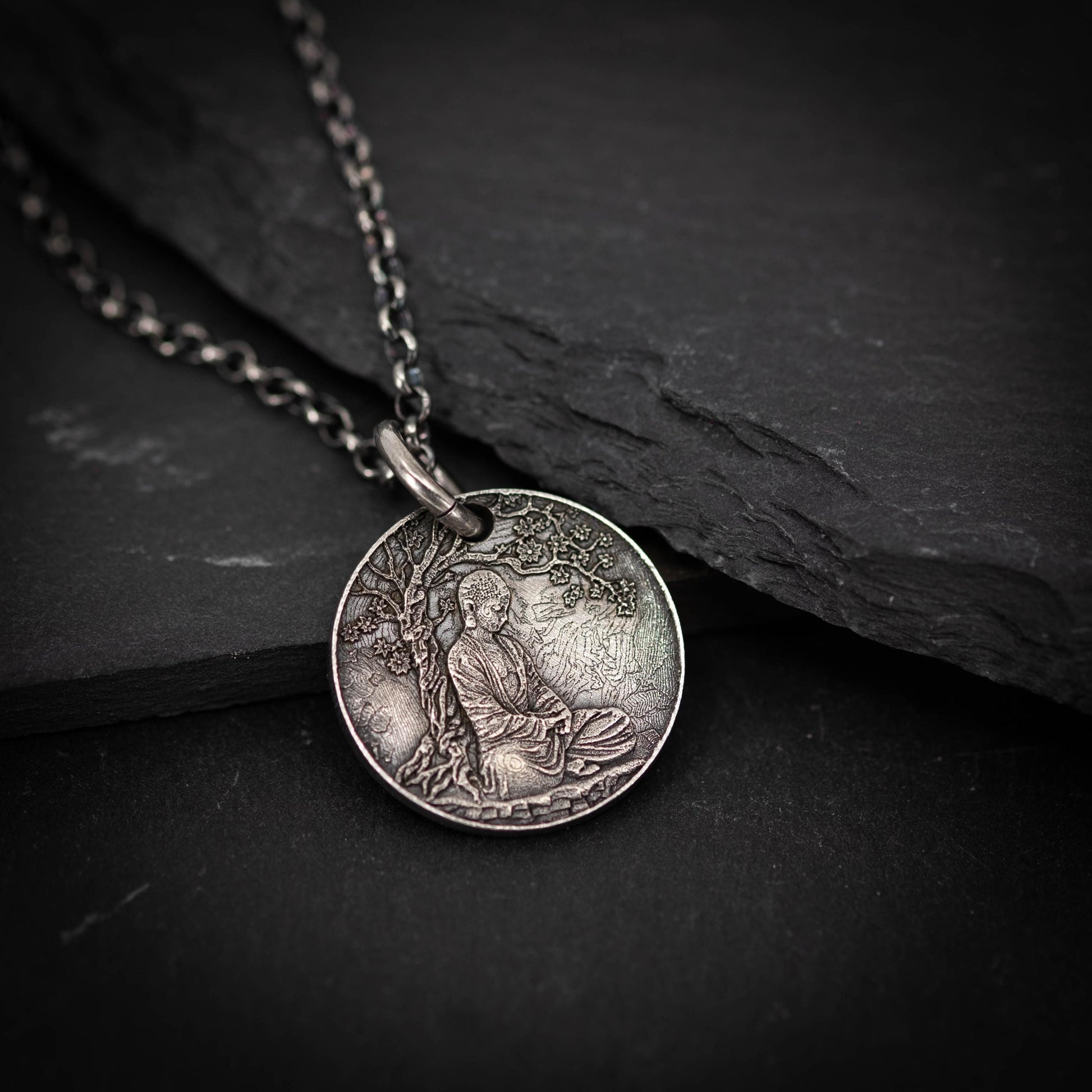 Buddha Meditation silver pendant necklace, Buddhist yoga handmade spiritual jewelry, Mindfulnes gift for him, mens necklace, Anxiety relief
