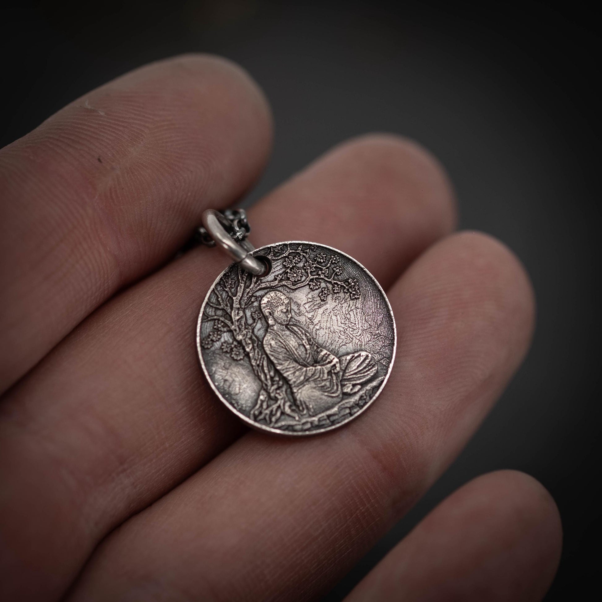 Buddha Meditation silver pendant necklace, Buddhist yoga handmade spiritual jewelry, Mindfulnes gift for him, mens necklace, Anxiety relief