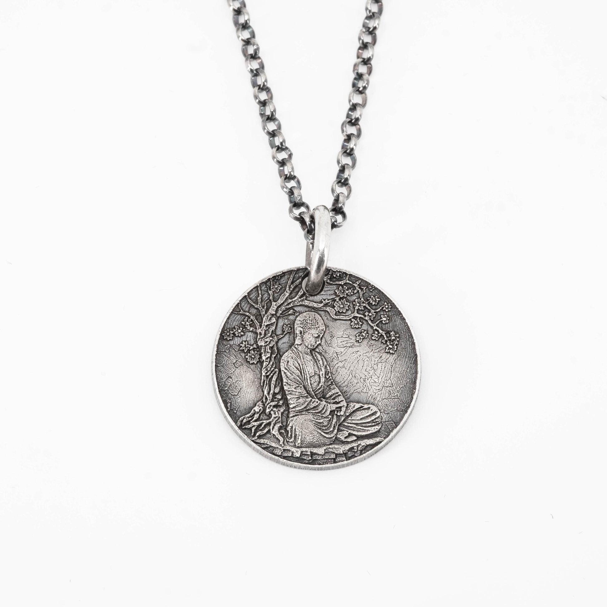 Buddha Meditation silver pendant necklace, Buddhist yoga handmade spiritual jewelry, Mindfulnes gift for him, mens necklace, Anxiety relief