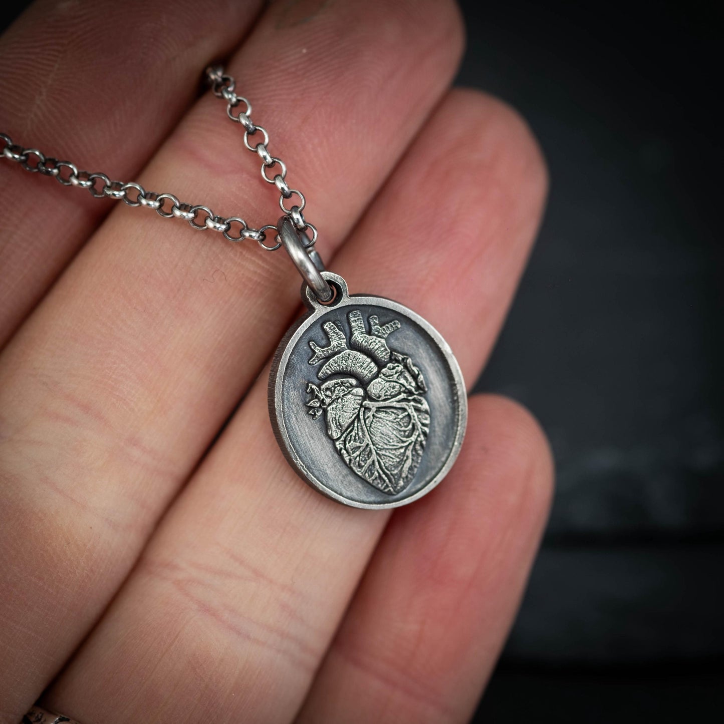 Silver Anatomical Human Heart Pendant Necklace, Rustic Oxidized Silver Jewelry, Unique Gift for Doctors, Nurses, and Anatomy Lovers