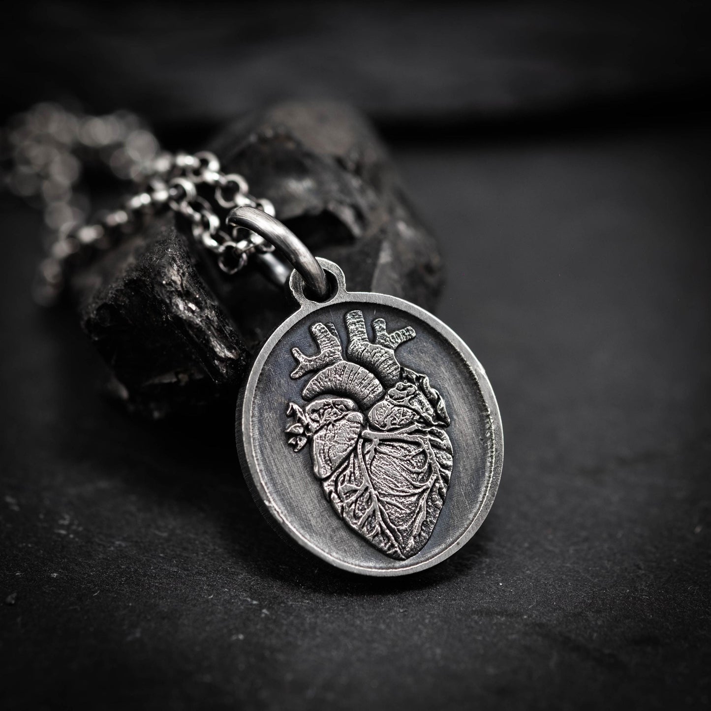 Silver Anatomical Human Heart Pendant Necklace, Rustic Oxidized Silver Jewelry, Unique Gift for Doctors, Nurses, and Anatomy Lovers