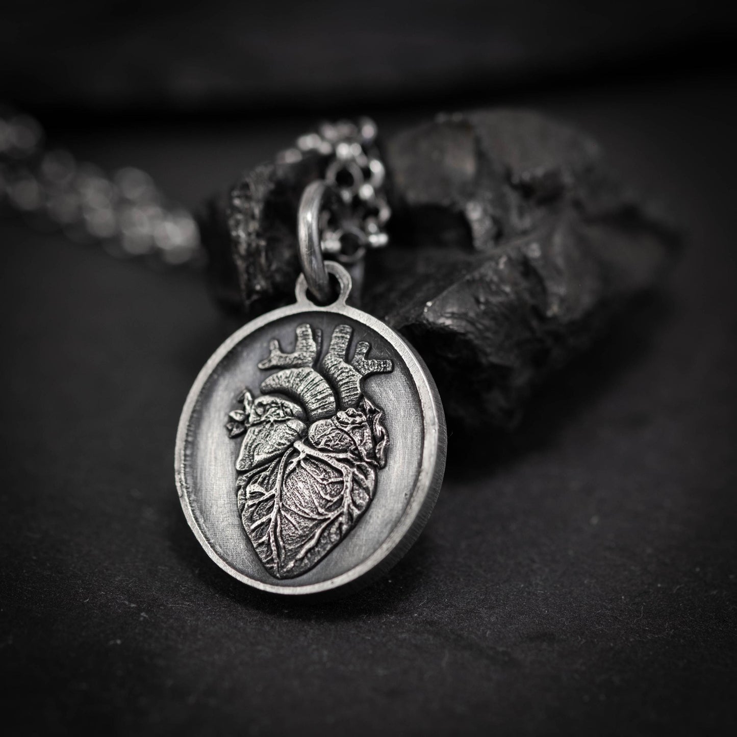 Silver Anatomical Human Heart Pendant Necklace, Rustic Oxidized Silver Jewelry, Unique Gift for Doctors, Nurses, and Anatomy Lovers