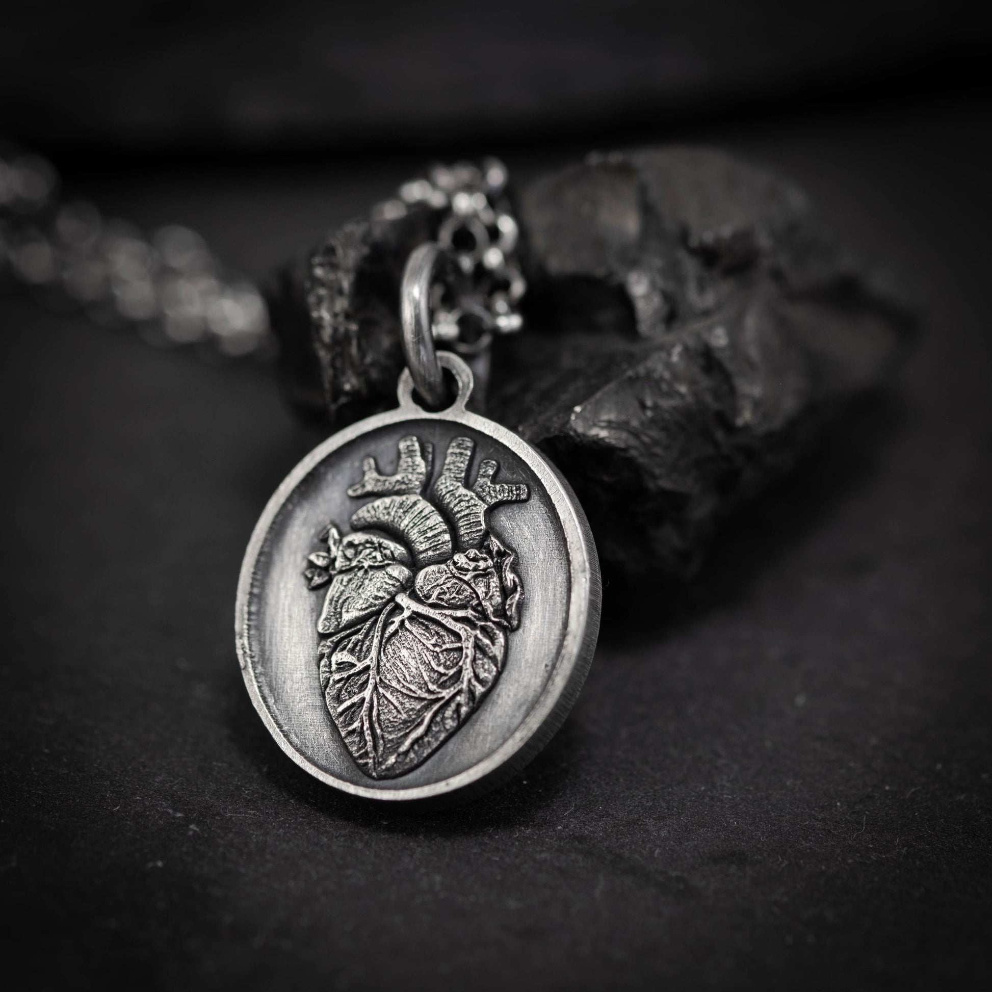 Silver Anatomical Human Heart Pendant Necklace, Rustic Oxidized Silver Jewelry, Unique Gift for Doctors, Nurses, and Anatomy Lovers